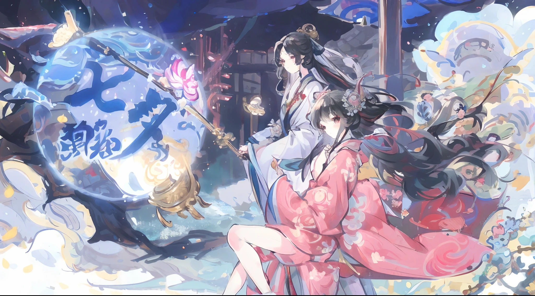 Anime girl sitting on bench,holding wands,Flowing hair,wears a long robe,xianxia fantasy,Palace,Hanfu,Chinese fantasy,ethereal anime,Middle Metaverse,visual novels CG,Flowing magic robes,cotton cloud mage robes,onmyoji,jellyfish shrine maiden,8K。