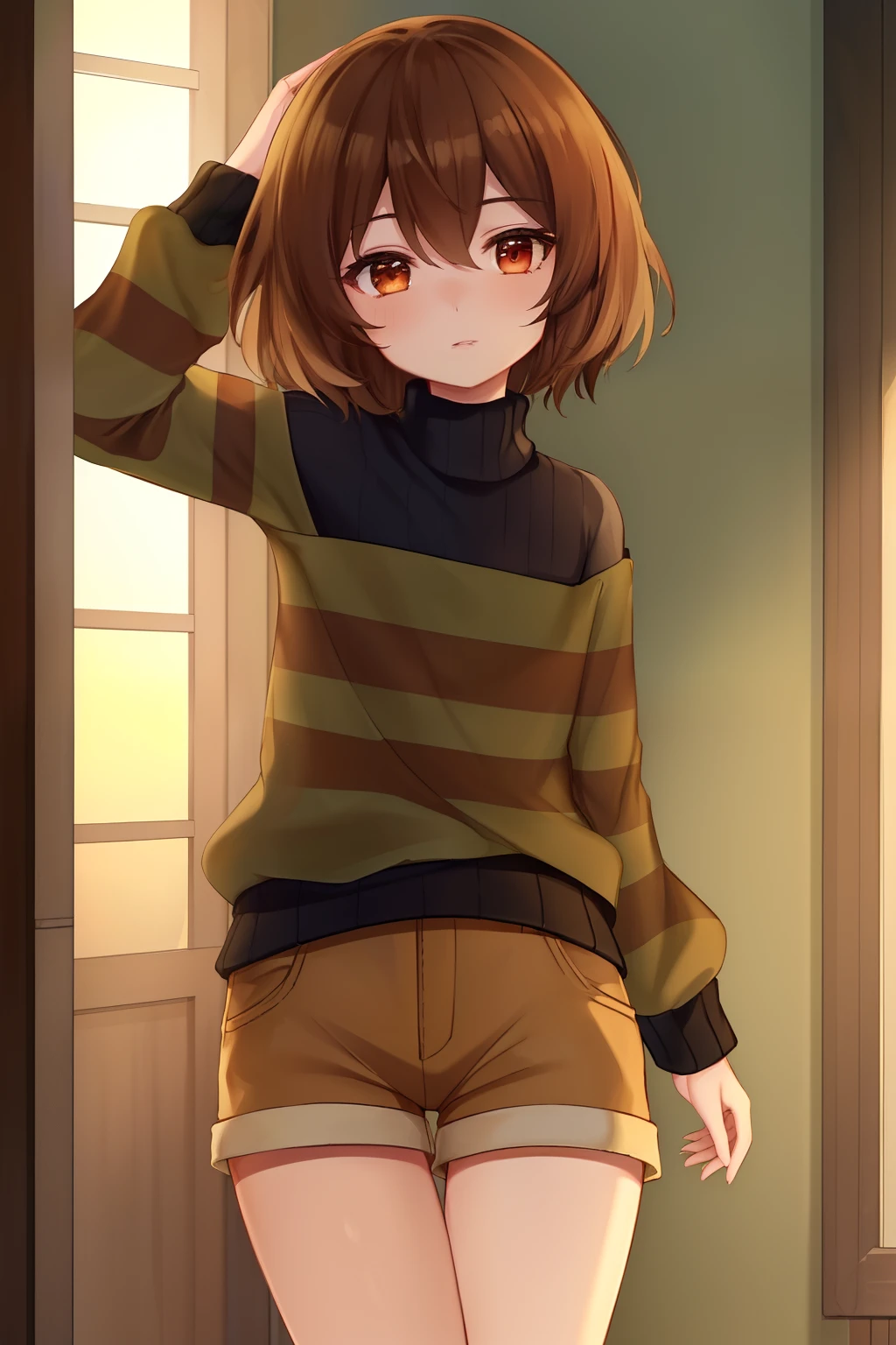 ((Best quality)), ((Masterpiece)), (Detailed), Undertale Frisk, Brown hair, (brown shorts: 1.3), Bob cut, Short hair, Black pantyhose, (Green sweater: 1.3), Red eyes, (1girll: 1.3), (Solo: 1.3), streaked, Green striped sweater