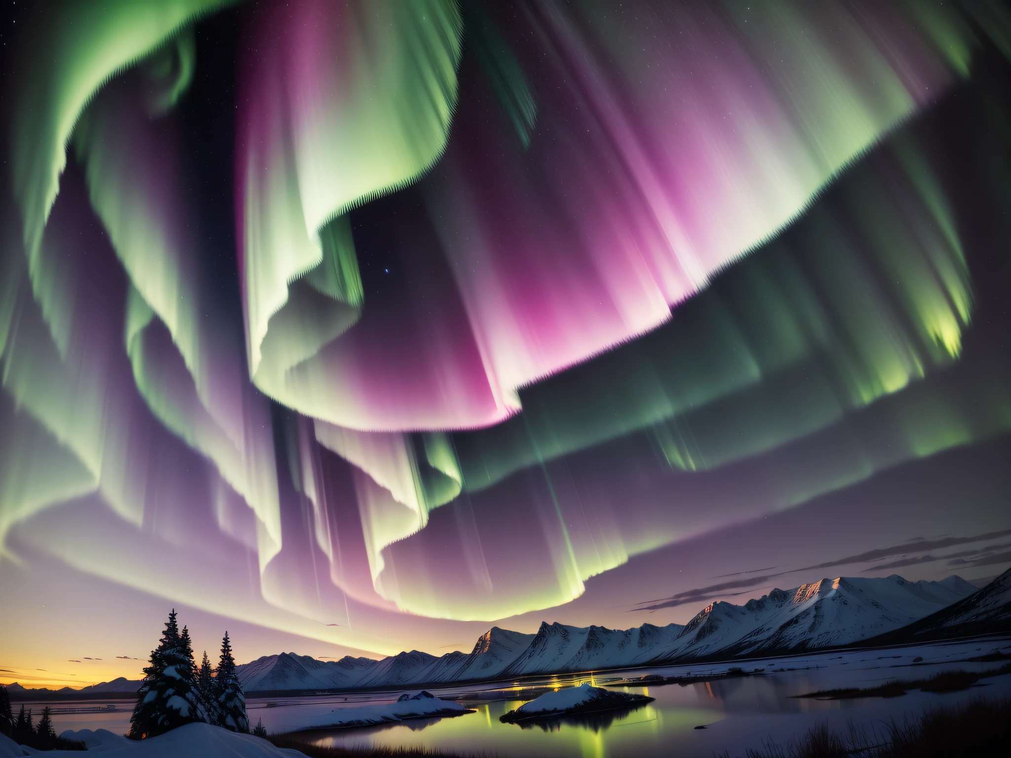 Mystical Northern Lights: Vibrant ribbons of green and pink dancing across the night sky, painting a spellbinding display of the Aurora Borealis in a celestial dance.