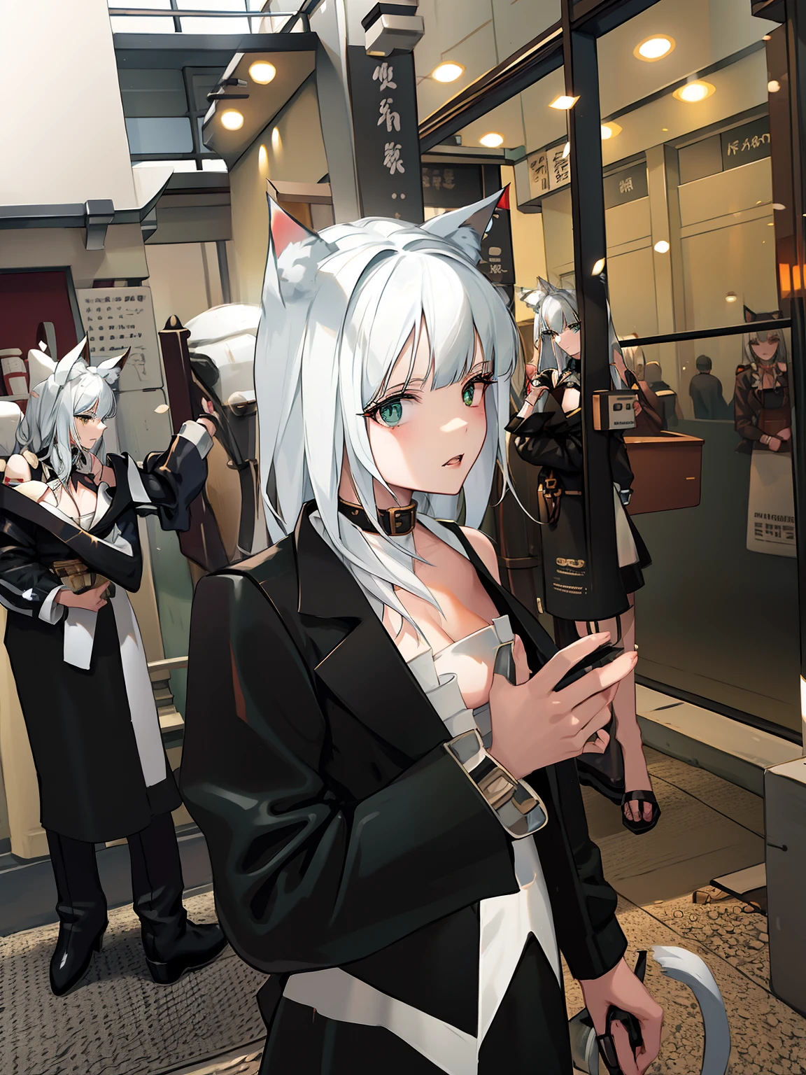 woman in a black suit with white hair and a cat ears on her head, cosplayer, anime cosplay, white - haired fox, woman with cat ears, nekomimi, professional cosplay, white cat girl, anime style mixed with fujifilm, neko, anime girl cosplay, cosplay, cosplay of a catboy! maid! dress, white fox ears, white-haired