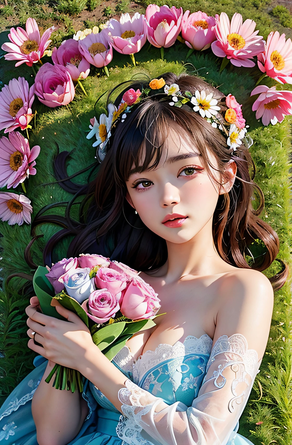 (Ultra-detailed background,detailedbackground),absurderes,A high resolution,ultra - detailed,extremely detaile,1girll,(flower bouquet:1.3),Lie down,(zentangle:1.2),(geomerty:1.2),(a color),