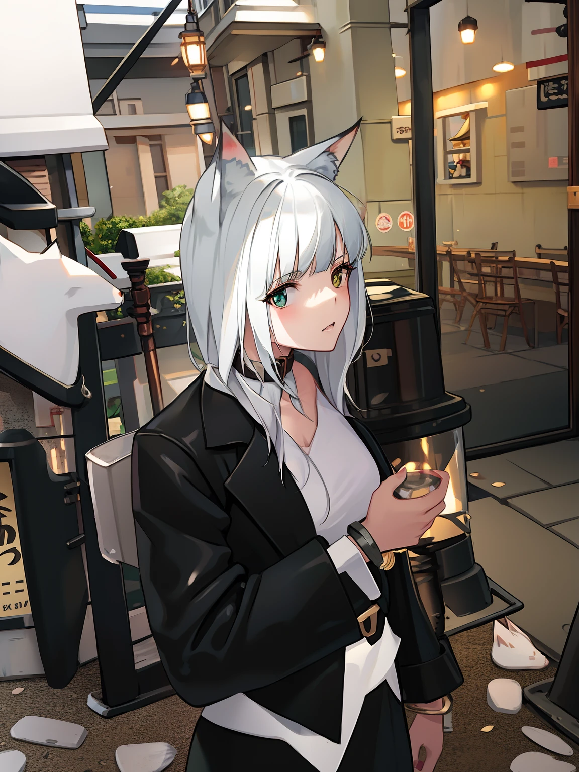 woman in a black suit with white hair and a cat ears on her head, cosplayer, anime cosplay, white - haired fox, woman with cat ears, nekomimi, professional cosplay, white cat girl, anime style mixed with fujifilm, neko, anime girl cosplay, cosplay, cosplay of a catboy! maid! dress, white fox ears, white-haired