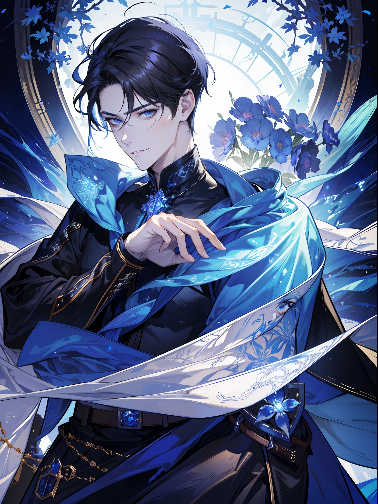 (absurdres, highres, ultra detailed), 1 male, adult, handsome, tall muscular guy, broad shoulders, finely detailed eyes, dark color hair, fantasy, complex pattern, detailed face, throne, magic effect, best ratio four finger and one thumb, ice, bitter cold, cold snap, smile, (dutch angle), closed mouth