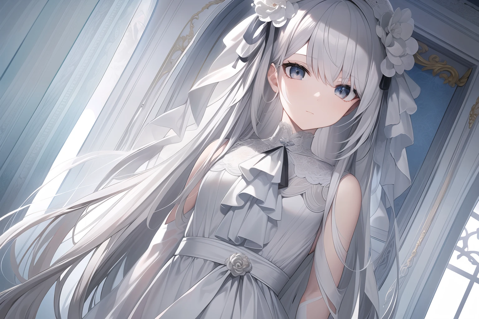 ((Masterpiece, Best quality))++, Detailed light+,  Detail hair+, detail hand+ ,1girll, woman, Long hair,   Black eyes,  Beautiful eyes, Young gray hair,,(Beautiful white hair:1.5),(Beautiful detailed eyes),    high resolution+,   blacksilk  ， a black skirt, Glass tones, Reflective eyes, , extremelydetailedwallpaper, Original, ,