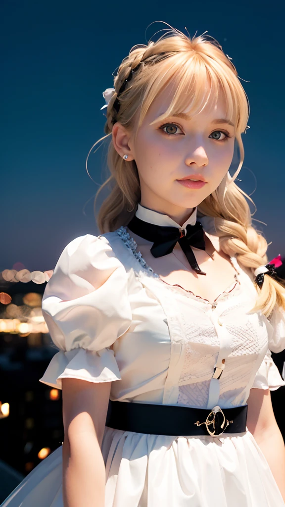 (ultra-detailliert), Cute princess dress in white,(frilly dress),(shortsleeves),Blue eyes, head shot,Lovely smile,facing front, 20yr old, Girl in her 20s,no tail,(no tail),2D, masterpiece, top-quality, animesque, A detailed eye, A detailed face, girl with, Only 1 person,Blonde medium hair, (a blond), Ear Hair, small tits, Single braid, (Single braid), (Side braid), Pink ribbon, Ribbon around the neck, (Black sleeves), Big city at night,