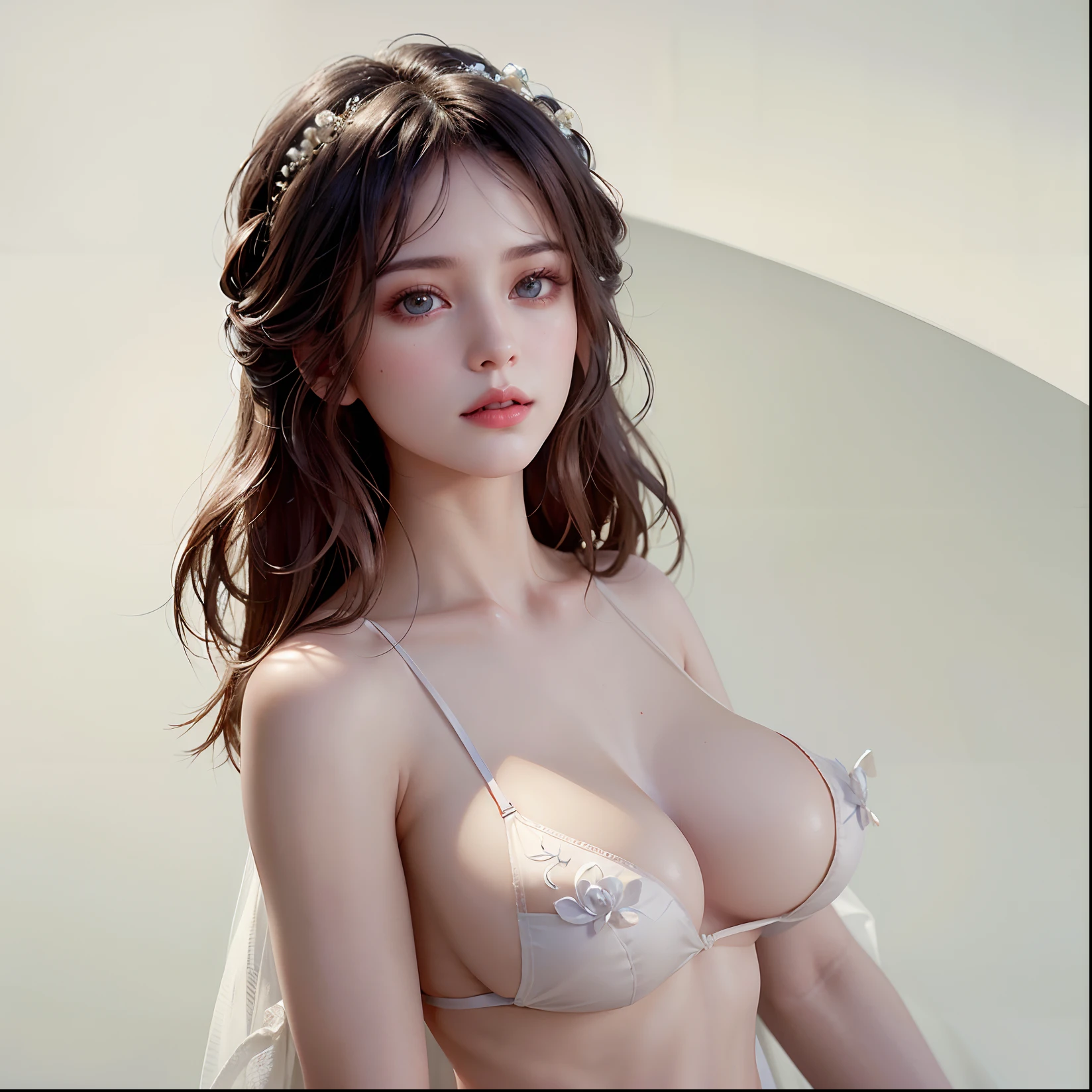From above, ((Best Quality)), ((Masterpiece)), (Details), 1girl, she was wearing a revealing white dress. The dress, exposing the shoulders and navel, fit the body snugly and beautifully emphasized its curves. Her skin was white like ivory and soft and smooth to the touch. Her branded hair was straight and shiny pale. Her long hair ran down her back, making her figure look even more beautiful. Her eyes are large and deep indigo. Her lips were colored with cherry-colored lipstick and were plump and bulging. Her figure is somewhat mysterious and looks at the viewer. She was in a minimalist, simple and stark white room. Her face was beautifully trimmed and her eyes and nose were clear. The big black eyes were attractive with a deep and subtle glow. Her hair was long and lustrous, and her flowing beauty further enhanced her charm. Her mouth was small, and her well-formed lips were shining brightly. Her skin was smooth and very beautiful, almost silky. Her breasts and buttocks were large, and her thin waist was beautiful with its supple lines. , (large breasts, huge breasts, huge breasts, big breasts), long drooping, long drooping, abs,pose sexy,Milk flowing on the chest