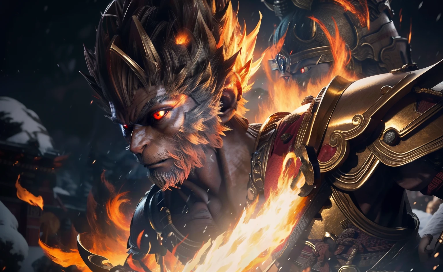 8K, Super detail, ccurate, Best quality, Masterpiece, Super detail, High details, High quality, Best quality, A high resolution，golden armour，(Red glowing eyes)，Wukong，Two Goku space fights，There is a huge Buddha statue in the sky， Wrapped in flames，Falling snow，winter，Bust，