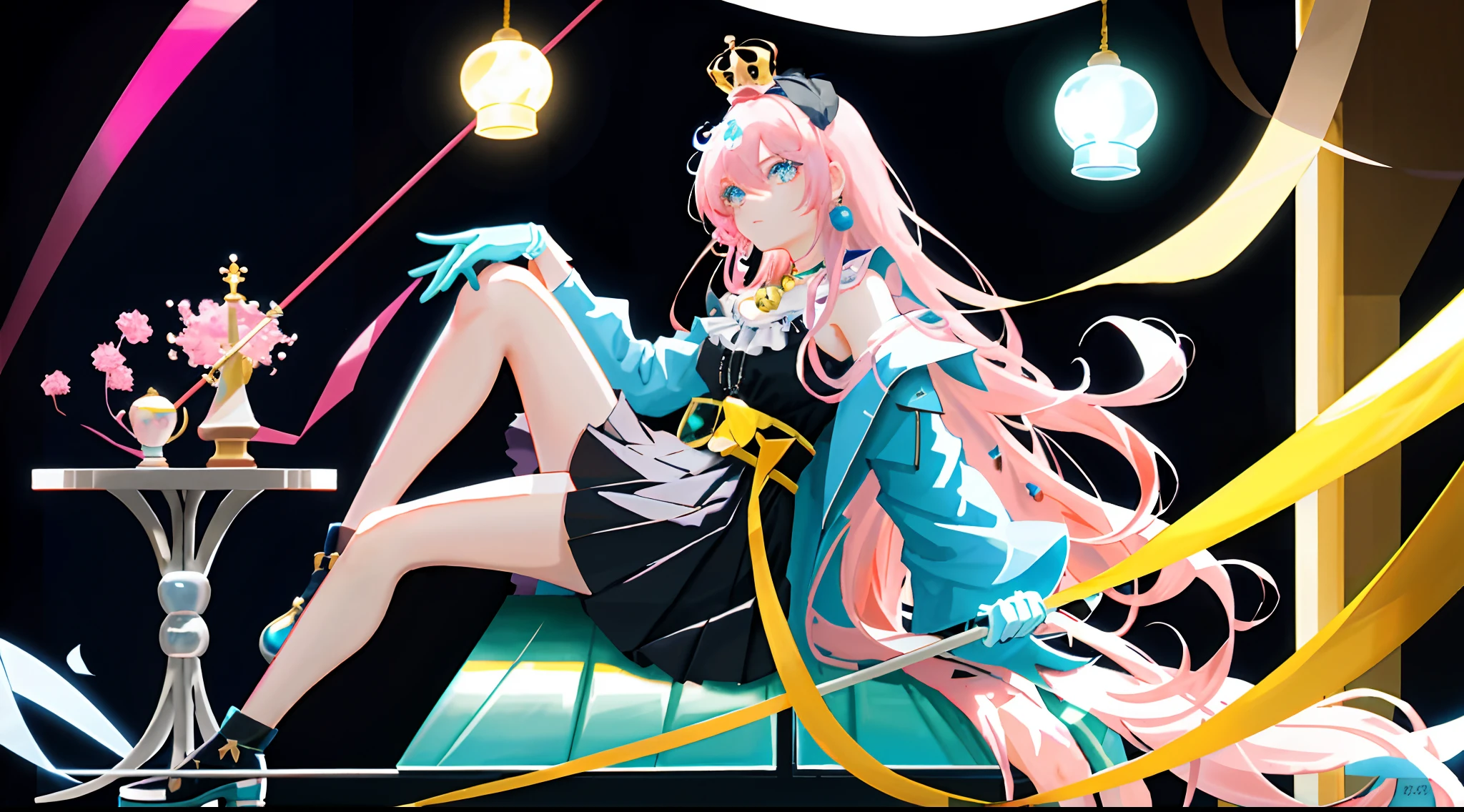 A high resolution,ultra - detailed ,High quality masterpiece two-dimensional anime 2D White hair Hair falling down Cyan-pink hair ornaments on the head Different pupils Yellow left eye Blue right eye Deep eyes Thoughtful Crown on head Necklace and bell around neck Wearing white, black, blue and blue low-cut dress Pink miniskirt Wearing black silk and leg loops on the legs Sitting on a tall seat Legs dangling Erlang legs One foot slightly cocked There is a chess board on the table next to it, and there is an endgame on the chessboard, of which there are seven white flags left, eight black flags left, and the queens on both sides are there The girl holds a horse in a black chess piece The girl's hand wears white gloves
