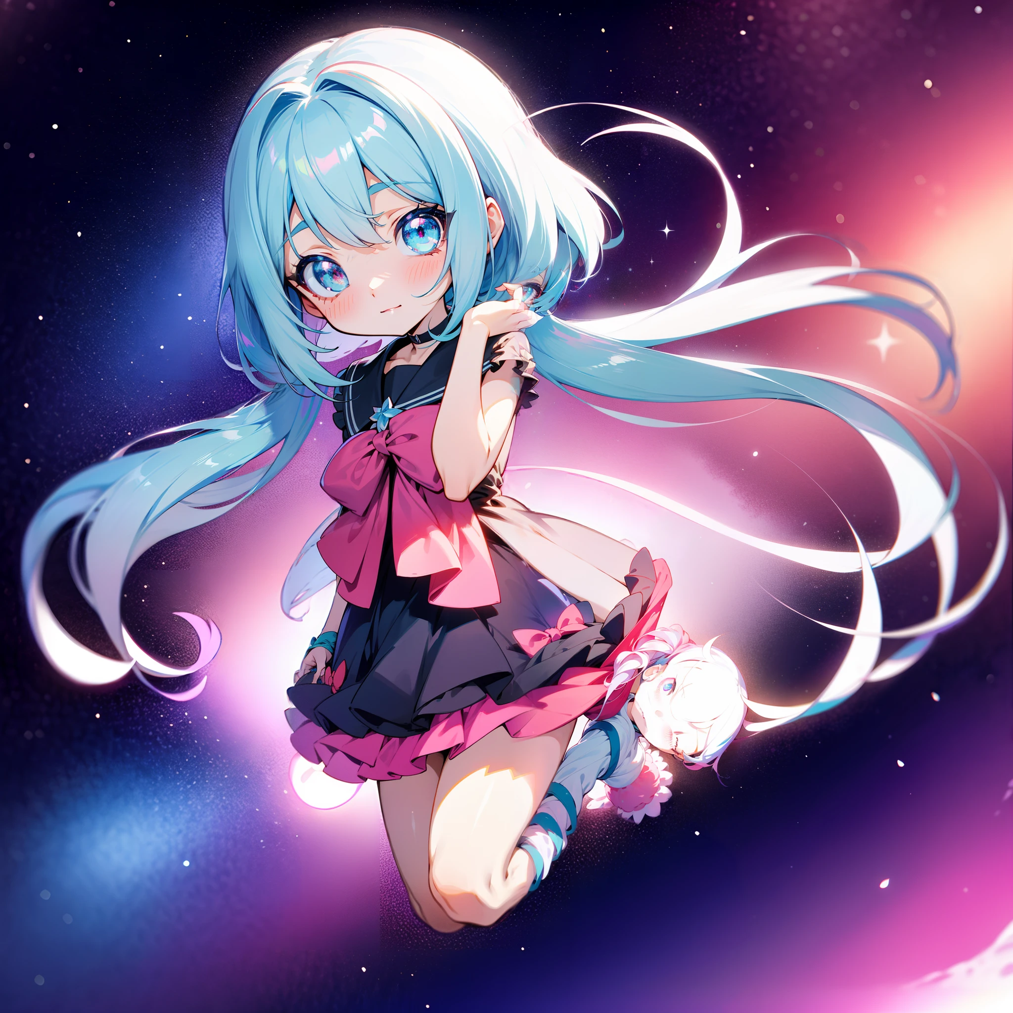 Anime girl with long hair and blue eyes holding a flower, Splash art anime , cute anime waifu in a nice dress, lolidress, Best anime 4k konachan wallpaper, mikudayo, Anime art wallpaper 8 K, style of anime4 K, Anime art wallpaper 4 K, Anime art wallpaper 4k, Anime girl with teal gradient hair，tmasterpiece，Best quality at best，Beautiful detail for the eyes，eyes with brightness，Stars in Eyes，Sparkling anime eyes，red color eyes，blue hairs