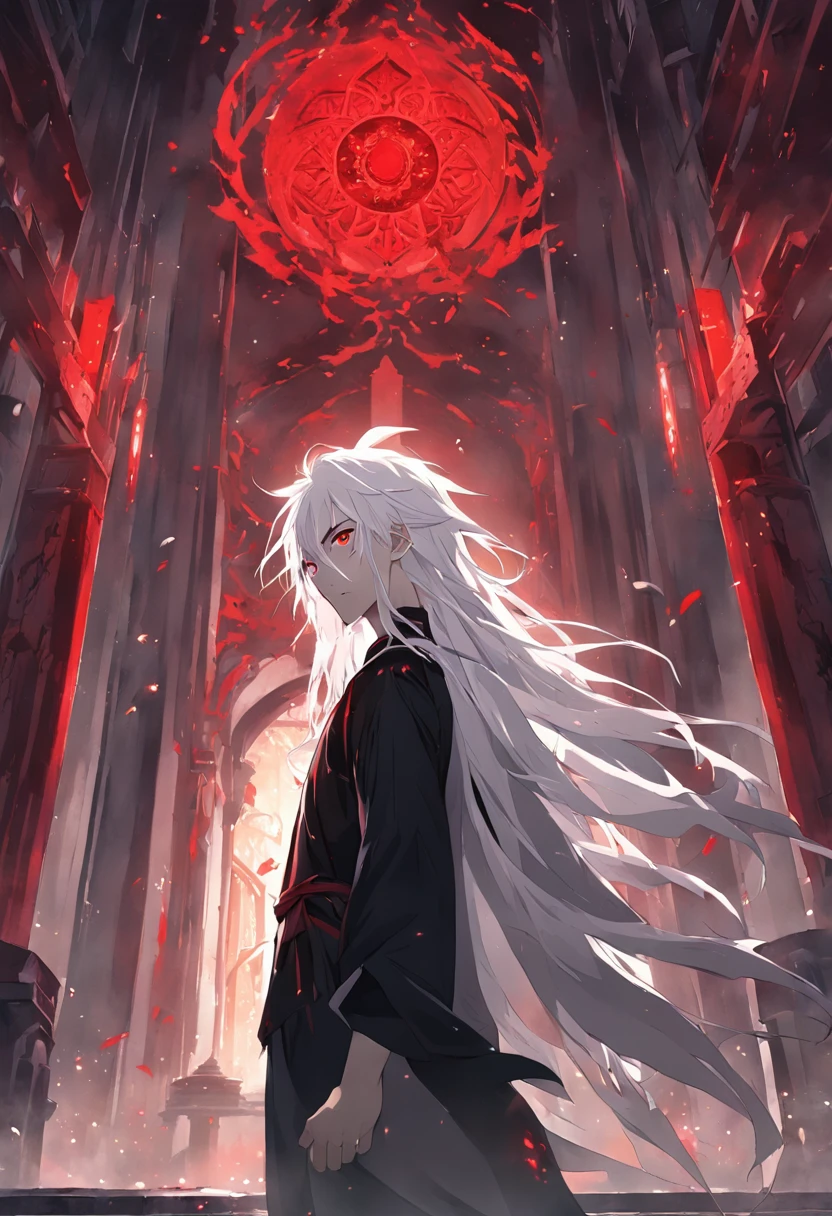 (masterpiece, illustration, anime:1.3), anime boy, Red Eyes, long white hair, in the dark, (classic black attire:1.2), standing inside a temple at night, (messy white hair:1.1), (red eyes emitting red light:1.2), (calm expression:1.1), (uncovered eyes:1.1), (powerful presence:1.2), (mystical atmosphere:1.2), (subtle moonlight:1.1), (intricate temple architecture:1.2), (ominous shadows:1.1), (flowing robes:1.1), (detailed folds and creases:1.1), (intense blue aura:1.2), (symbols of power surrounding him:1.1), (magical energy radiating:1.2), (spellcasting gestures:1.1), (mysterious artifacts:1.1), (ethereal particles:1.1), (dynamic pose:1.2), (epic soundtrack:1.2), (sense of awe:1.1), (magical prowess:1.1)