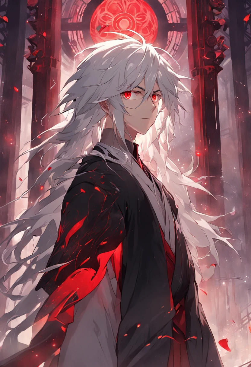 (Masterpiece, illustration, anime big breast:1.3), Anime boy, Red eyes, Long white hair, In the dark, (Classic Black Outfit:1.2), Stand in the temple at night, (Messy white hair:1.1), (Red eyes that glow red:1.2), (Calm expression:1.1), (Uncovered Eyes:1.1), (Strong presence:1.2), (Enigmatic Atmosphere:1.2), (Subtle Moonlight:1.1), (Intricate temple architecture:1.2), (Ominous Shadows:1.1), (Flowing robes:1.1), (Detailed folds and creases:1.1), (Intense Blue Aura:1.2), (A symbol of power around him:1.1), (Magical energy radiation:1.2), (Spellcasting Gestures:1.1), (Mystical Artifacts:1.1), (Ethereal particles:1.1), (Dynamic pose:1.2), (epic soundtrack:1.2), (sense of awe:1.1), (Magical prowess:1.1)