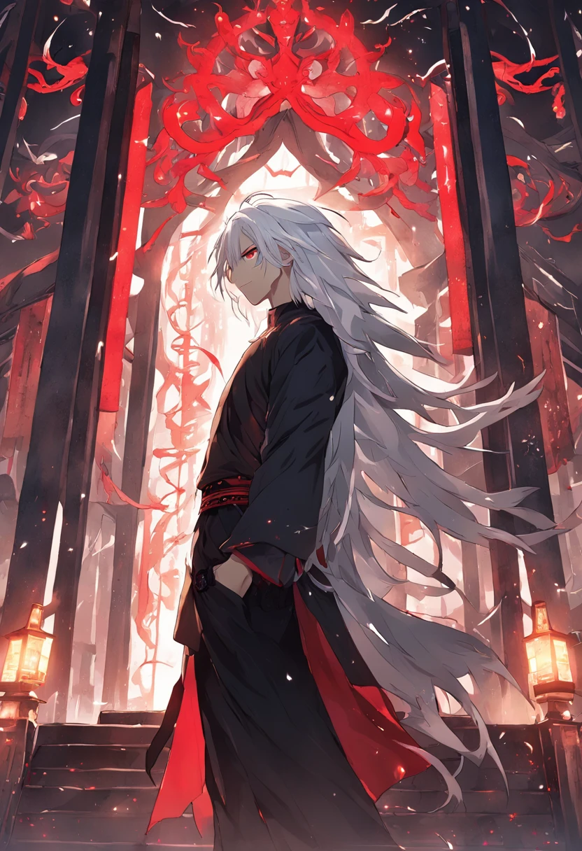 (masterpiece, illustration, anime:1.3), anime boy, Red Eyes, long white hair, in the dark, (classic black attire:1.2), standing inside a temple at night, (messy white hair:1.1), (red eyes emitting red light:1.2), (calm expression:1.1), (uncovered eyes:1.1), (powerful presence:1.2), (mystical atmosphere:1.2), (subtle moonlight:1.1), (intricate temple architecture:1.2), (ominous shadows:1.1), (flowing robes:1.1), (detailed folds and creases:1.1), (intense blue aura:1.2), (symbols of power surrounding him:1.1), (magical energy radiating:1.2), (spellcasting gestures:1.1), (mysterious artifacts:1.1), (ethereal particles:1.1), (dynamic pose:1.2), (epic soundtrack:1.2), (sense of awe:1.1), (magical prowess:1.1)