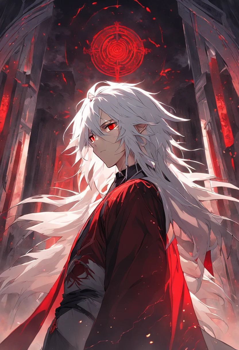 (masterpiece, illustration, anime:1.3), anime boy, Red Eyes, long white hair, in the dark, (classic black attire:1.2), standing inside a temple at night, (messy white hair:1.1), (red eyes emitting red light:1.2), (calm expression:1.1), (uncovered eyes:1.1), (powerful presence:1.2), (mystical atmosphere:1.2), (subtle moonlight:1.1), (intricate temple architecture:1.2), (ominous shadows:1.1), (flowing robes:1.1), (detailed folds and creases:1.1), (intense blue aura:1.2), (symbols of power surrounding him:1.1), (magical energy radiating:1.2), (spellcasting gestures:1.1), (mysterious artifacts:1.1), (ethereal particles:1.1), (dynamic pose:1.2), (epic soundtrack:1.2), (sense of awe:1.1), (magical prowess:1.1)