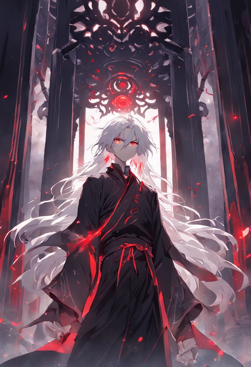 (masterpiece, illustration, anime:1.3), anime boy, Red Eyes, long white hair, in the dark, (classic black attire:1.2), standing inside a temple at night, (messy white hair:1.1), (red eyes emitting red light:1.2), (calm expression:1.1), (uncovered eyes:1.1), (powerful presence:1.2), (mystical atmosphere:1.2), (subtle moonlight:1.1), (intricate temple architecture:1.2), (ominous shadows:1.1), (flowing robes:1.1), (detailed folds and creases:1.1), (intense blue aura:1.2), (symbols of power surrounding him:1.1), (magical energy radiating:1.2), (spellcasting gestures:1.1), (mysterious artifacts:1.1), (ethereal particles:1.1), (dynamic pose:1.2), (epic soundtrack:1.2), (sense of awe:1.1), (magical prowess:1.1)