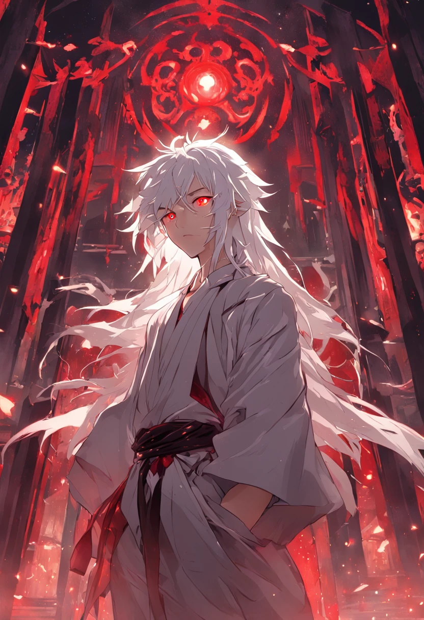 (masterpiece, illustration, anime:1.3), anime boy, Red Eyes, long white hair, in the dark, (classic black attire:1.2), standing inside a temple at night, (messy white hair:1.1), (red eyes emitting red light:1.2), (calm expression:1.1), (uncovered eyes:1.1), (powerful presence:1.2), (mystical atmosphere:1.2), (subtle moonlight:1.1), (intricate temple architecture:1.2), (ominous shadows:1.1), (flowing robes:1.1), (detailed folds and creases:1.1), (intense blue aura:1.2), (symbols of power surrounding him:1.1), (magical energy radiating:1.2), (spellcasting gestures:1.1), (mysterious artifacts:1.1), (ethereal particles:1.1), (dynamic pose:1.2), (epic soundtrack:1.2), (sense of awe:1.1), (magical prowess:1.1)
