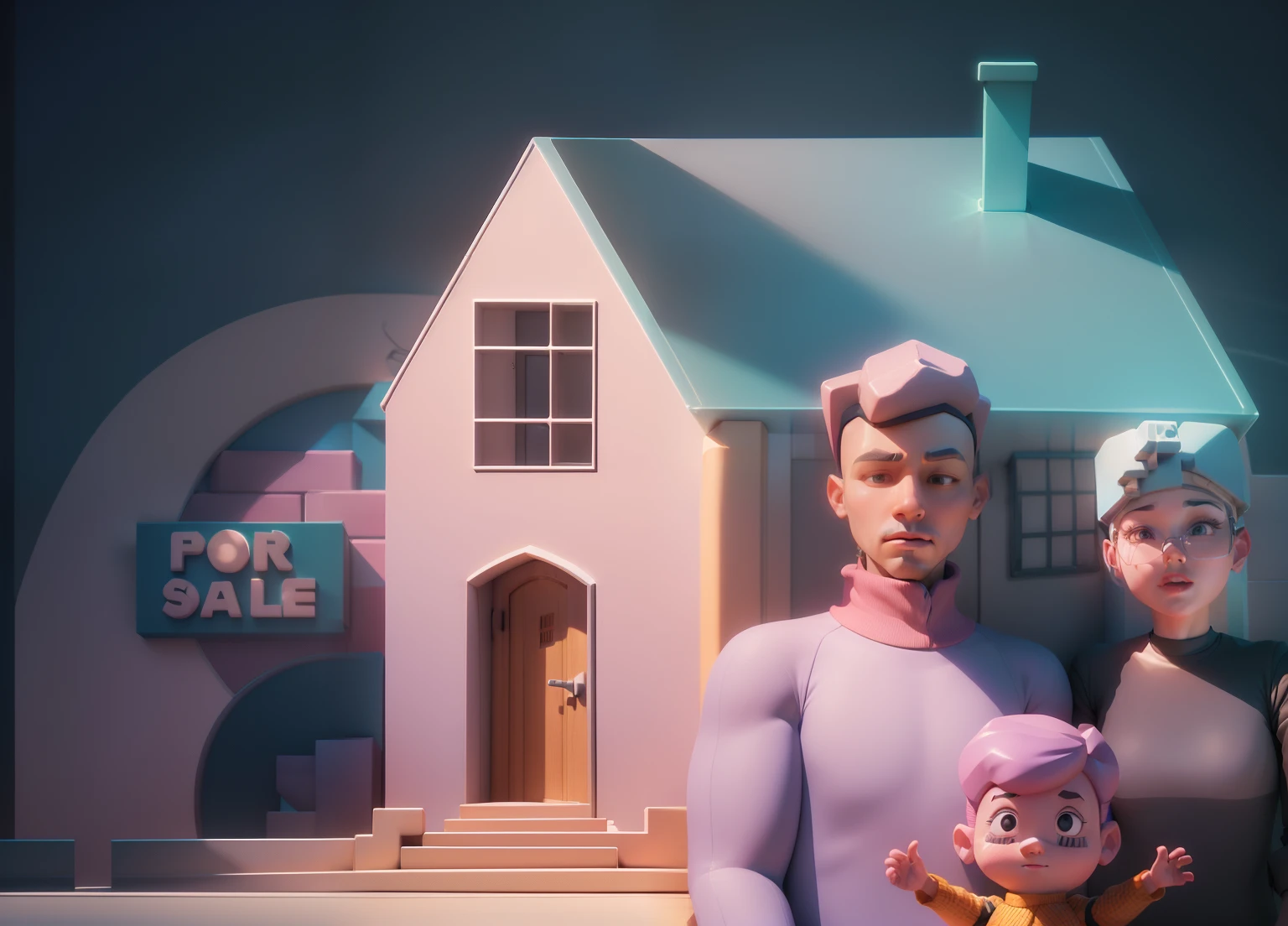 "(Isometric perspective:1.5),(pixar-style:1.2),There is a bed in the bedroom,sofe,table light,Study desk,janelas,Wall paintings,3 d modelling,pink back ground,Global illumination,Ray traching,hdr,rendering,unreal render,best qualtiy,8K,"