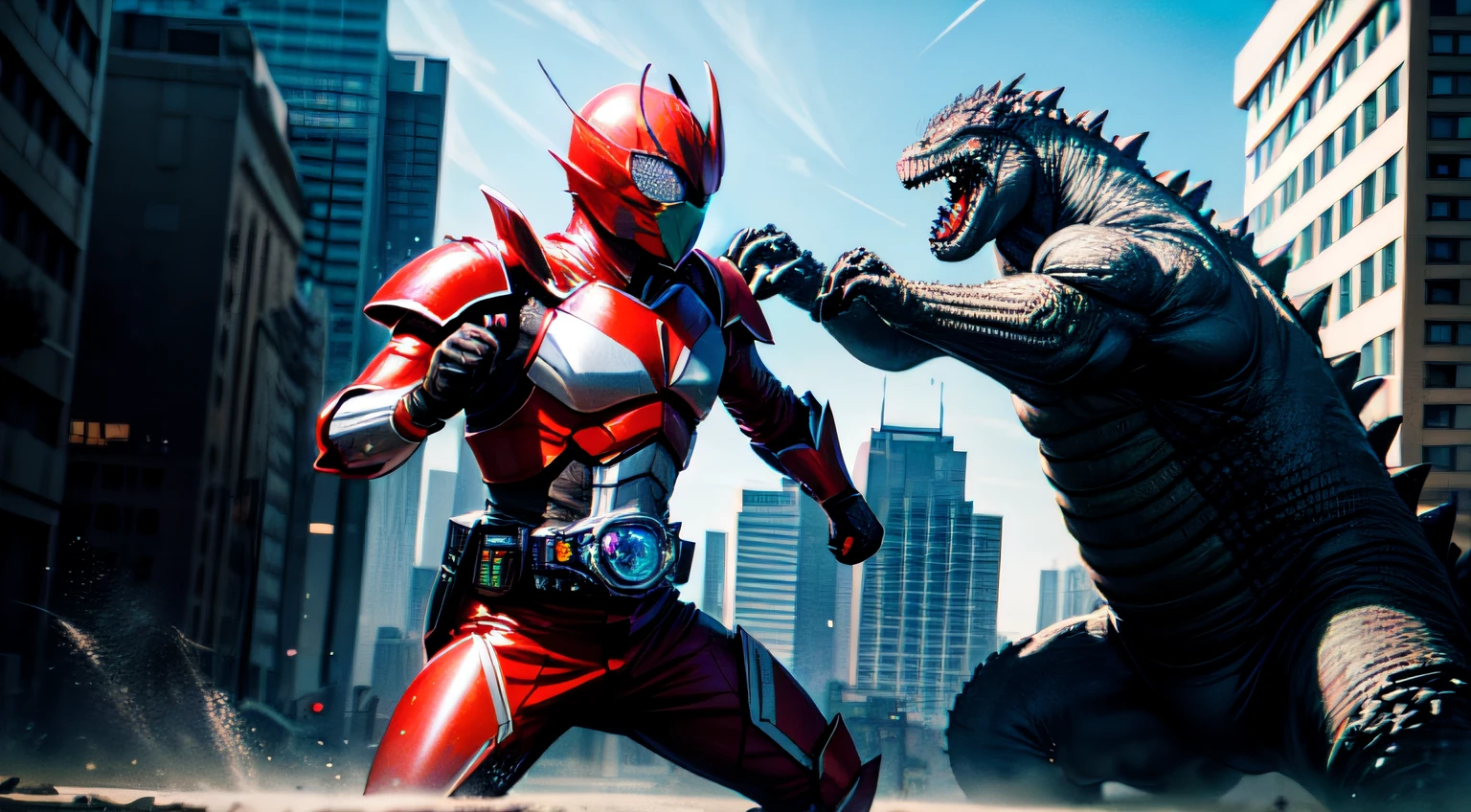 A man wears red high-tech armor and punches Godzilla,Urban ruined environment,Kamen Rider style,high high quality,High Picture Quality,A high resolution,Hyper-realistic