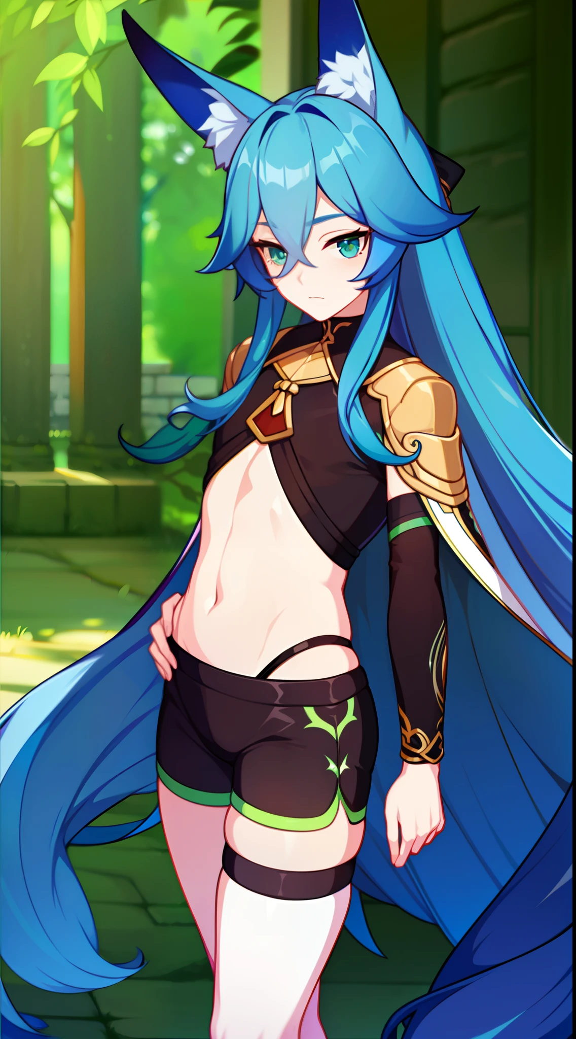 Young boy, long blue hair, fox ears, Green eyes, Black tight clothing, Shorts, open belly, Masterpiece, hiquality