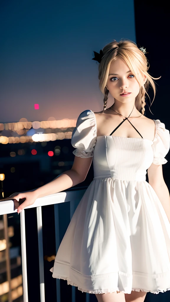 (ultra-detailliert), Cute princess dress in white,(frilly dress),(shortsleeves),Blue eyes, head shot,Lovely smile,facing front, 20yr old, Girl in her 20s,no tail,(no tail),2D, masterpiece, top-quality, animesque, A detailed eye, A detailed face, girl with, Only 1 person,Blonde medium hair, (a blond), Ear Hair, small tits, Single braid, (Single braid), (Side braid), Pink ribbon, Ribbon around the neck, (Black sleeves), Big city at night,