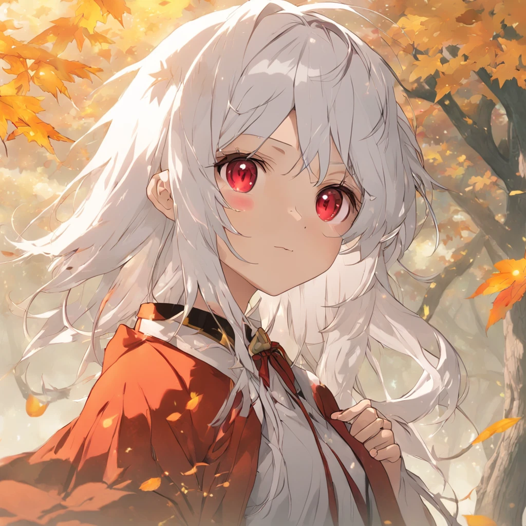 shiny white hair、Neutral face、Red eyes、Rich in color、Beautie、Wearing white clothes、well-styled、小柄、Super beautiful、high-level image quality、4K、8K、Round ears like tanuki are visible、In the wilderness、autumnal、Colored leaves、Full body like、Being under a tree with autumn leaves、The whole body is shown