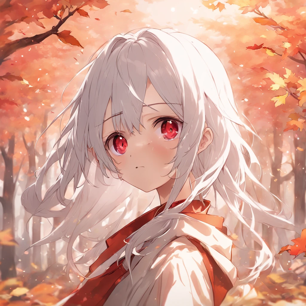 shiny white hair、Neutral face、Red eyes、Rich in color、Beautie、Wearing white clothes、well-styled、小柄、Super beautiful、high-level image quality、4K、8K、Round ears like tanuki are visible、In the wilderness、autumnal、Colored leaves、Full body like、Being under a tree with autumn leaves、The whole body is shown