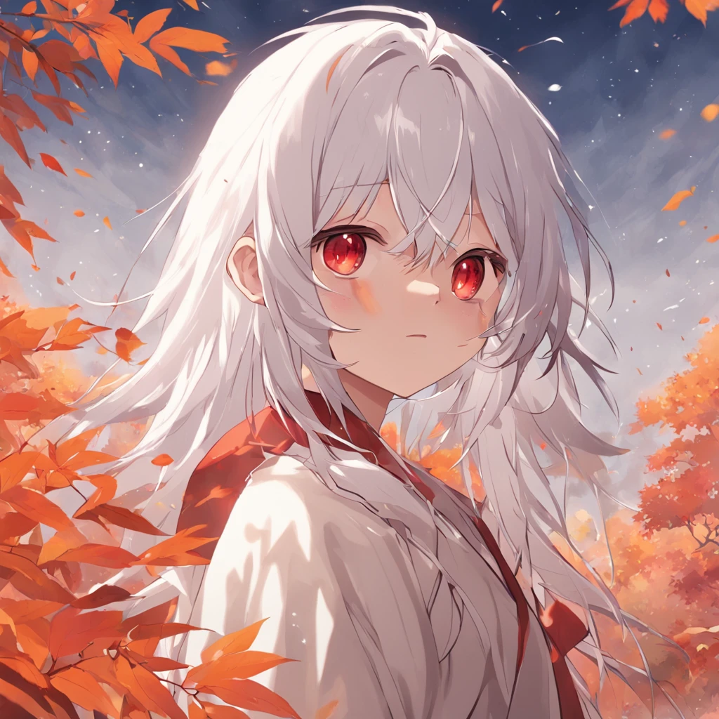 shiny white hair、Neutral face、Red eyes、Rich in color、Beautie、Wearing white clothes、well-styled、小柄、Super beautiful、high-level image quality、4K、8K、Round ears like tanuki are visible、In the wilderness、autumnal、Colored leaves、Full body like、Being under a tree with autumn leaves、The whole body is shown