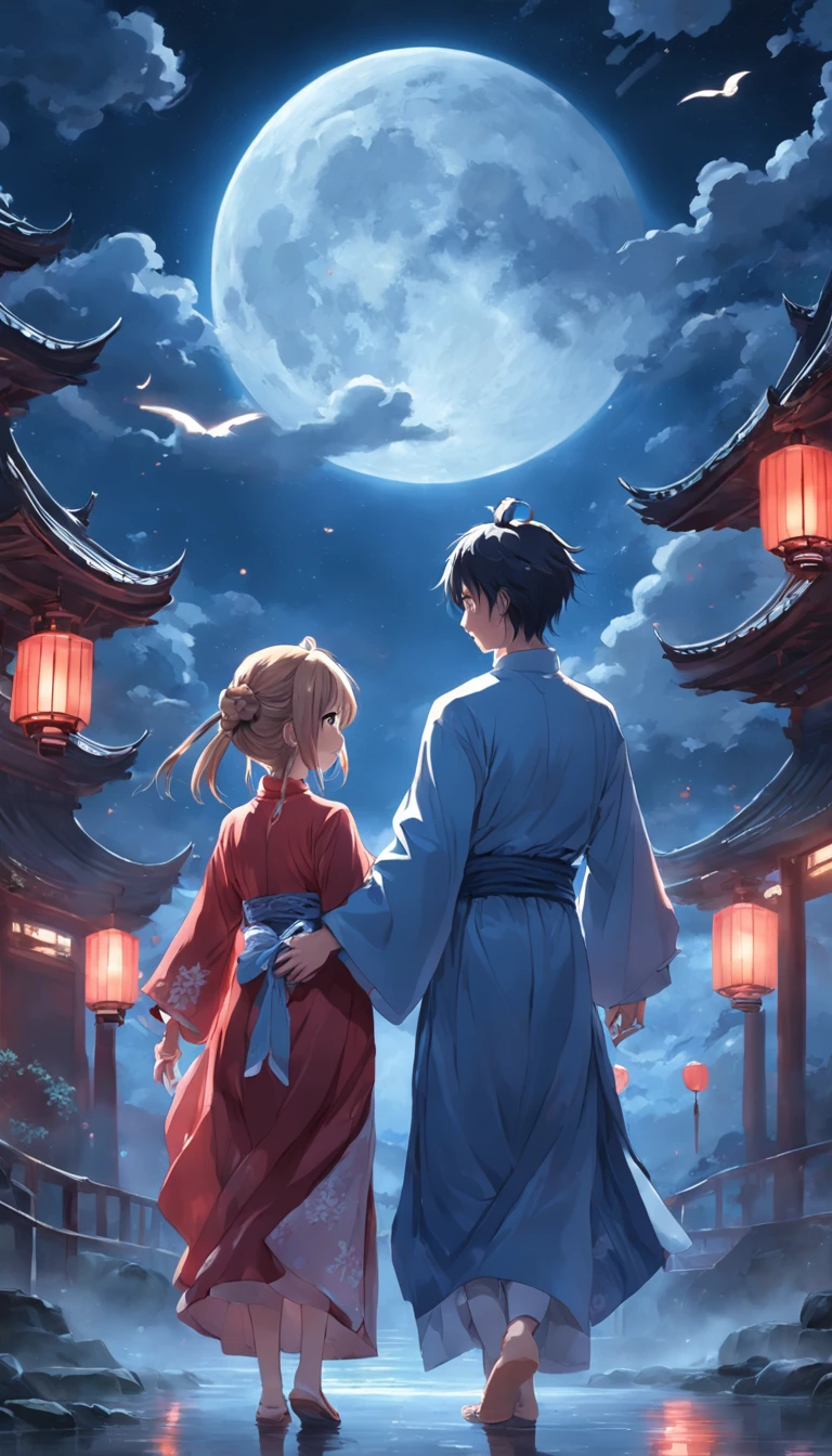 (panorama,magic realism, anime big breast,masterpiece, UHD, super detail, high details, best quality, highres, highres, award winning, award winning, anatomically correct, 8k,),(A girl and a boy hold hands on a bridge,Round moon,Holding hands in the moonlight,Peaceful night sky in the background,Traditional romance, xianxia fantasy, Chinese fantasy, beautiful moonlight night, Chinese style, moonlit night dreamy atmosphere),(Boy in blue and anime girl in red dress:1.5,Delicate girl,beuaty girl,Chinese Hanfu,inspired by Leng Mei,Romantic atmosphere:1.5,cinematic lighting,Chinese premium color scheme)
