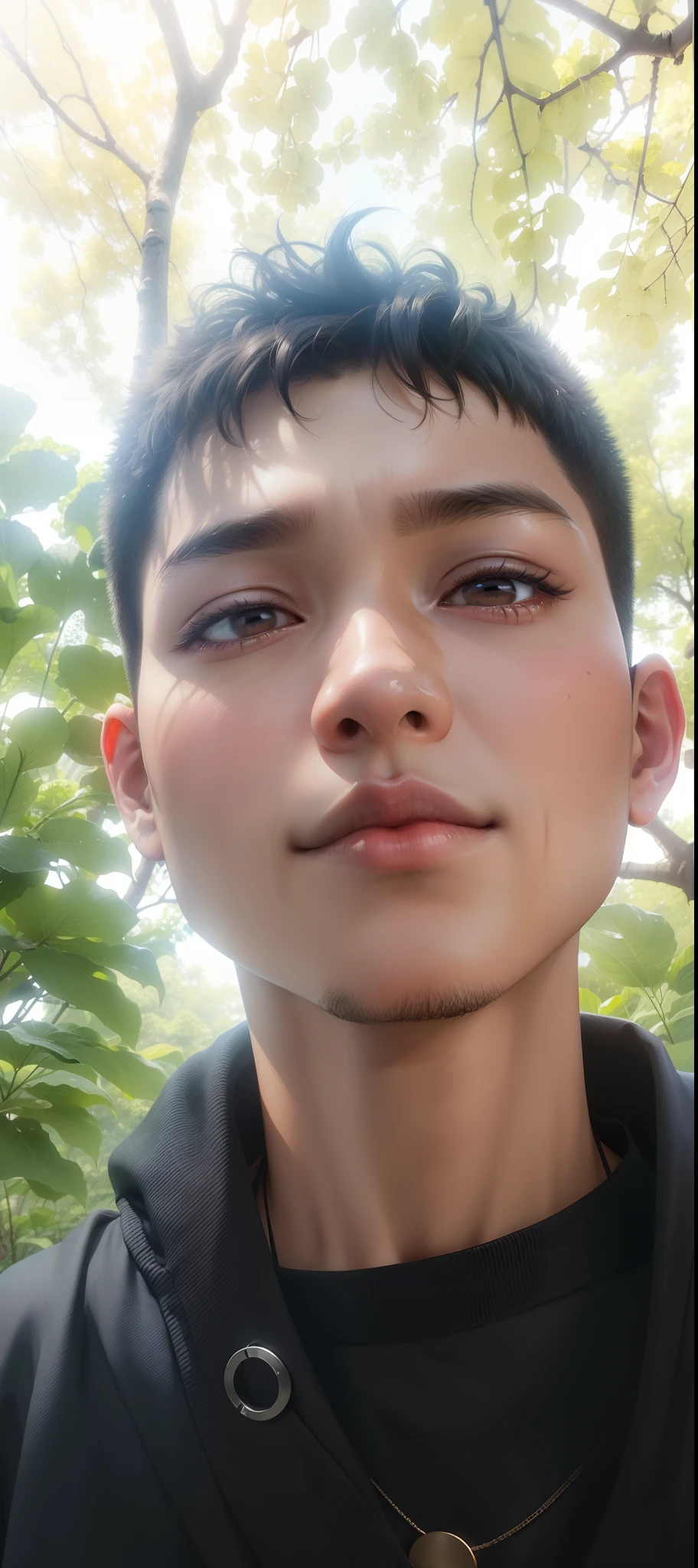 a young man standing in front of a tree, without eye, one eye is read, without eyes, close camera, bangkuart, no spot right eye, duy beni serial, wedjat eye, clear face and eyes, without glasses, look me inside of my eyes, with small eyes, single eye, one eye, dark brown eyes with long