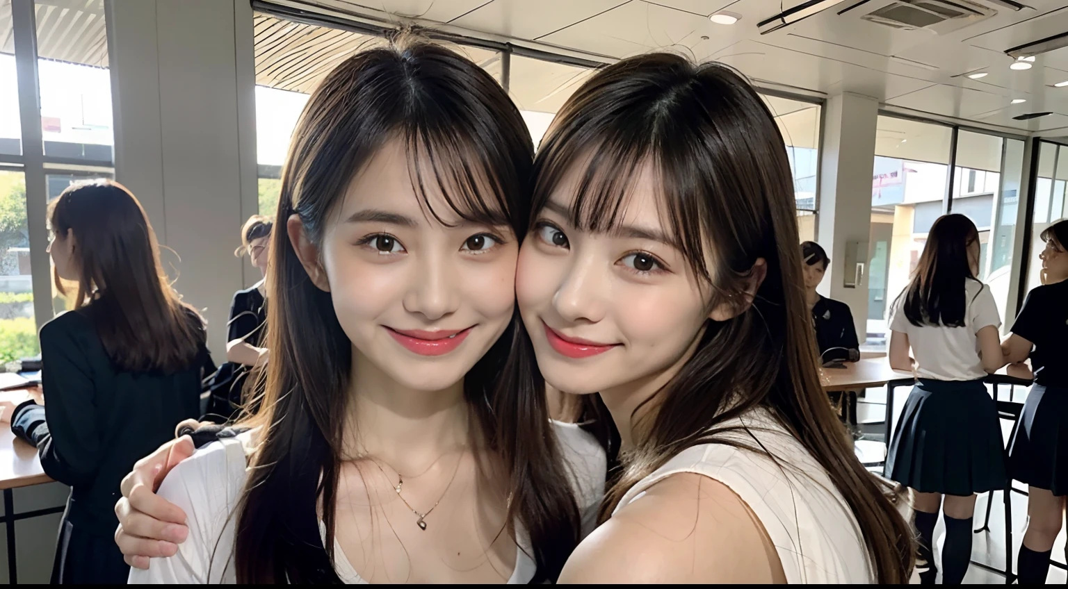 ultra-detailliert、Soft light、Japan Girl、japanes、cute little、独奏、Beautiful detail sky、(((A dark-haired)))、red blush、pink cheek、(Face shy:1.15)、Beautiful delicate eyes、beautiful delicate nose、(Middle hair:1.5)、Visible、(A dark-haired)、(a short bob)、tthin eyebrows、((Upper body naked))、Facing the front、Slouched、Arms are spread)))、(Very cute woman in white silk thread micro bikini))、8K、Raw photography、(highlydetailed skin:1.2)、(Pubic hair shows through:1.4)、(Exposed back:1.5)、(exposed shoulder:1.1)、(Exposed crotch:1.5)、(top-down view:1.5)、a picture、masterpiece、top-quality、(beautidful eyes、Beautiful Japan girl with dark hair、 completely soft chest and white skin,,,,,,,,,,,,,)、(((Colossal tits:1.5)))、((Very soft breasts))、hyperdetailed face、A detailed eye、Pubic hair shows through、((No closeup))、(8K、Raw photography、top-quality、masterpiece:1.2)、ultra-detailliert、ultra res、(hyper reality、)ultra-detailliert、ultra res、(realisitic、Real Photographics:1.47)、(Two people hugging each other)Leaning closer、(Fantastic lighting)Hugging、电影灯光、de pele branca、Fair-skinned female student、An ultra-high picture quality、Stylish lighting、Beautiful schoolgirl reflecting in light、amazing detailed、Beautiful girls in very detailed、Faces with different patterns、Different face patterns、Each hairstyle has its own characteristics、Farbe々Hairstyle、Farbe々Hair color、Circle of Angels、Super good friend、Good schoolgirls are playing、Having a conversation in a classroom at school、Brown hair shining in the light、One has a ponytail、、Modern cute high school girl、extra detailed face、extremely detailed eye、Very realistic skin、 extremely detailed fingers, highly detailed nose, highly detail mouth, highly detailed back ground,After school、Smiling school girls are gathered in the hallway of the school。They are hugging each other in uniform、famous Japan idol, cute little, Realistic body, de pele branca, glistning skin, Slim body, Long straight hair, two young women in school uniforms hugging each other in a hallway, two