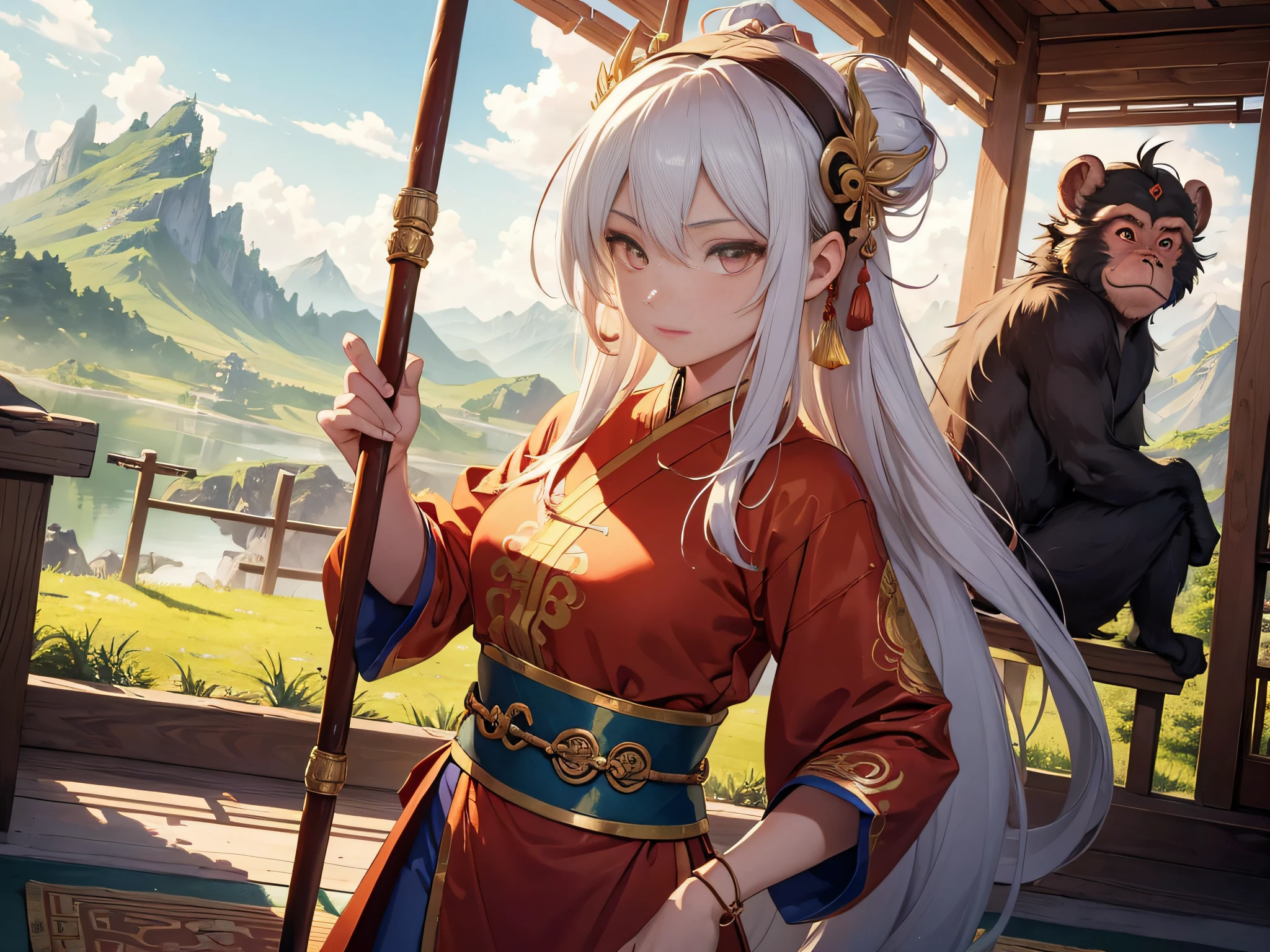 (best quality), (masterpiece), (photorealistic), (realistic), super detailed, unity 8k wallpaper, highly detailed cg, ray tracking, sharp shadows, great detail, depth of field, super detailed background, Sun Wukong, the Great Sage Equal to Heaven who became a beautiful girl, Chibi, Kawaii, Tiny, She holds it in her hand The Compliant Golden-Hooped Rod, Chinese mythology, Buddha Dharma, and Journey to the West, Stick stance, headband, golden eyes, Mountain tops, very beautiful anthropomorphic monkey girl, fighting posture, guanhu, legendary monkey god with spear