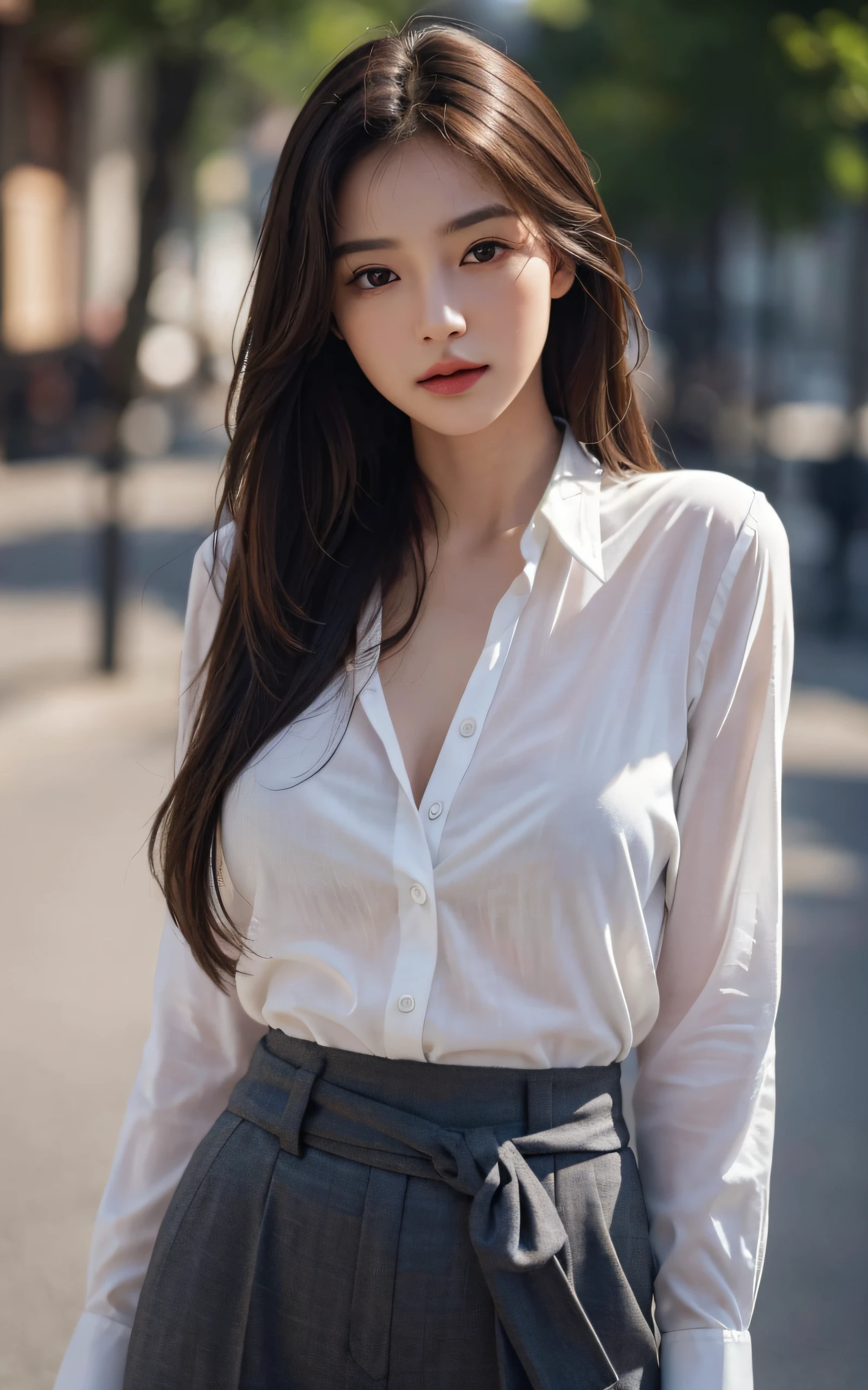 Masterpiece, best picture quality, high quality, beautiful woman, Japanese, detailed, detailed eyes, detailed skin, beautiful skin, ultra high resolution, (reality: 1.4),very beautiful, slightly younger face, beautiful skin, slender, (ultra realistic), (highresolution), (8K), (very detailed) (beautifully detailed eyes), (super detailed), (wallpaper), (detailed face), looking at viewer, fine details, detailed face, sad, dress shirt, pants, looking straight ahead, looking straight ahead, angle from waist up, realistic photo, bright lighting, professional lighting, mature woman, brown hair, sway in the wind shoulder length straight hair, bangs,