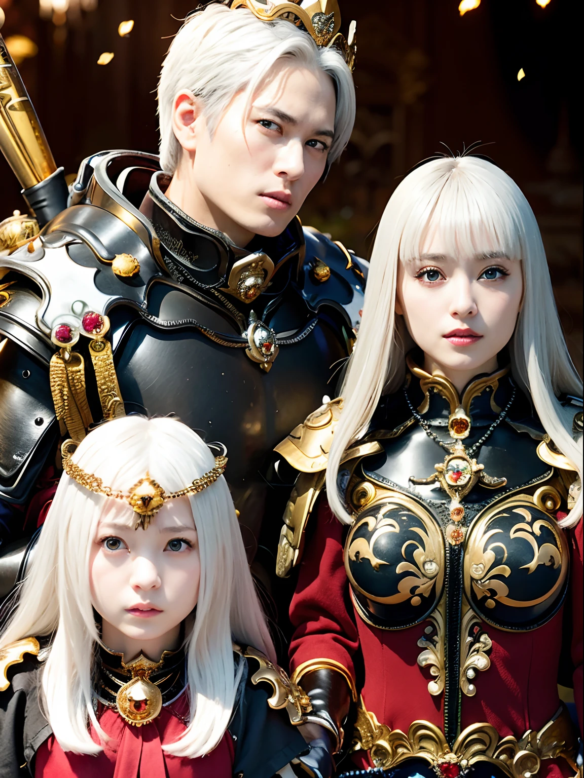 (masutepiece), Professional , masterpiece、top-quality、photos realistic , depth of fields (Gemstone Silver Metal Body:1.9),(Matte White、Jewel Gold Weapon(Jewel Metal Body:1.4),Gorgeous metal weapons , Detailed Sword of the Brave , Beautiful knife ,warhammer 40k , adepta sororitas,Detail and ornate jewel crown、Black hair、Gangle's forest background、Beautiful Caucasian beauty、1a person、dynamic ungle,(((Detailed and ornate diamond crown)))、Smaller head、A smile、Background inside the castle、Thin and beautiful female hands、cleavage of the breast、Soldier in iron armor on background、Soldier in iron armor on background、Mystical expression、Light Effects、