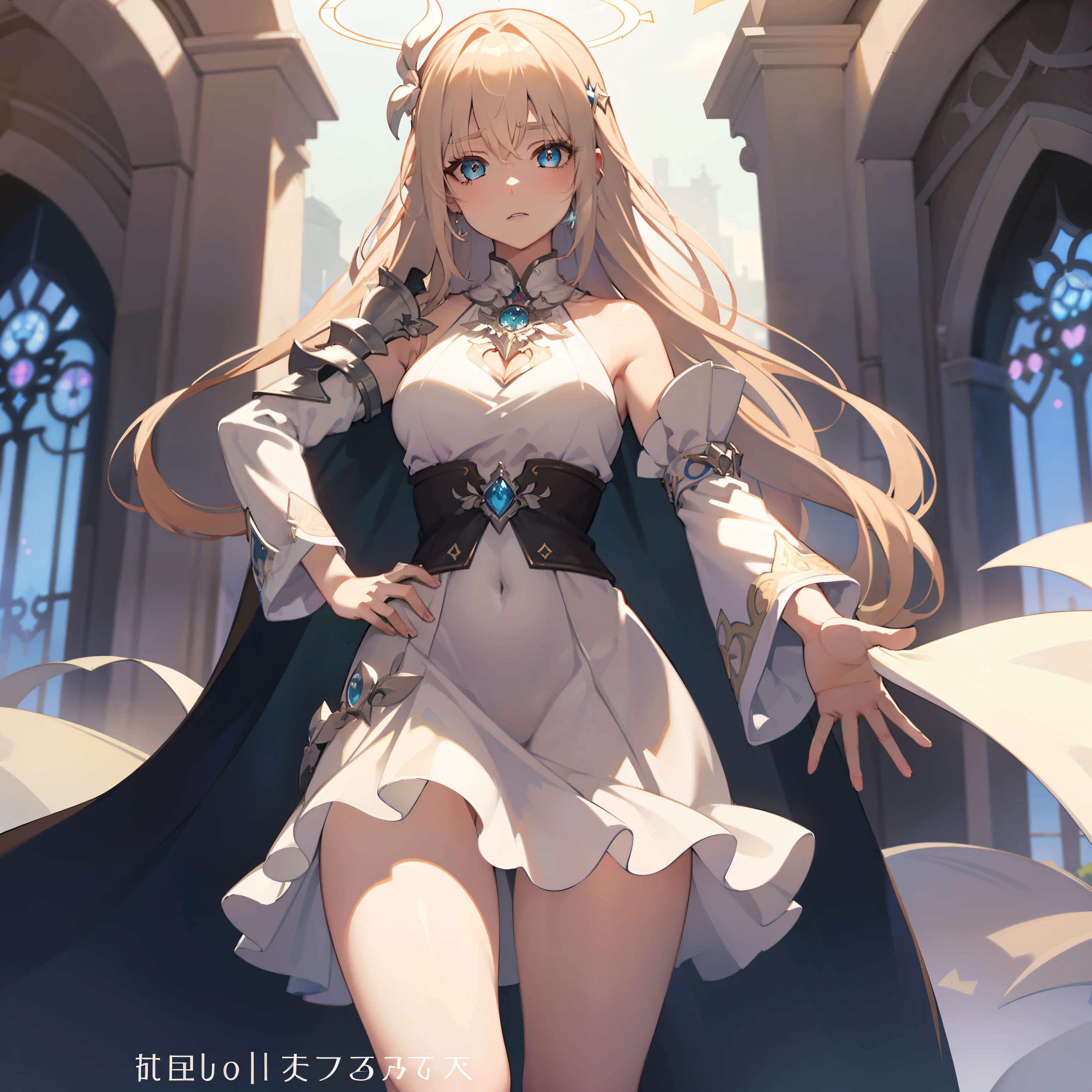 masterpiece, best quality, a woman in a white dress and a blue cape is standing, cushart krenz key art feminine, anime goddess, pixiv, pretty female cleric, digital art on pixiv, pixiv style, wlop rossdraws, alphonse mucha and rossdraws, guweiz, top rated on pixiv, rossdraws sakimimichan, crown, ((transparent clothing))), halo, ((female genitalia))), ((pubic area showing))), clothes with visible tips of the breasts, suor, seios salientes das roupas, roupas com barriga pura, sob os seios, constrangedor, blush, show off, decote, crotch shows through, areola see-through, open pubic area, aberta, Pubic area visible