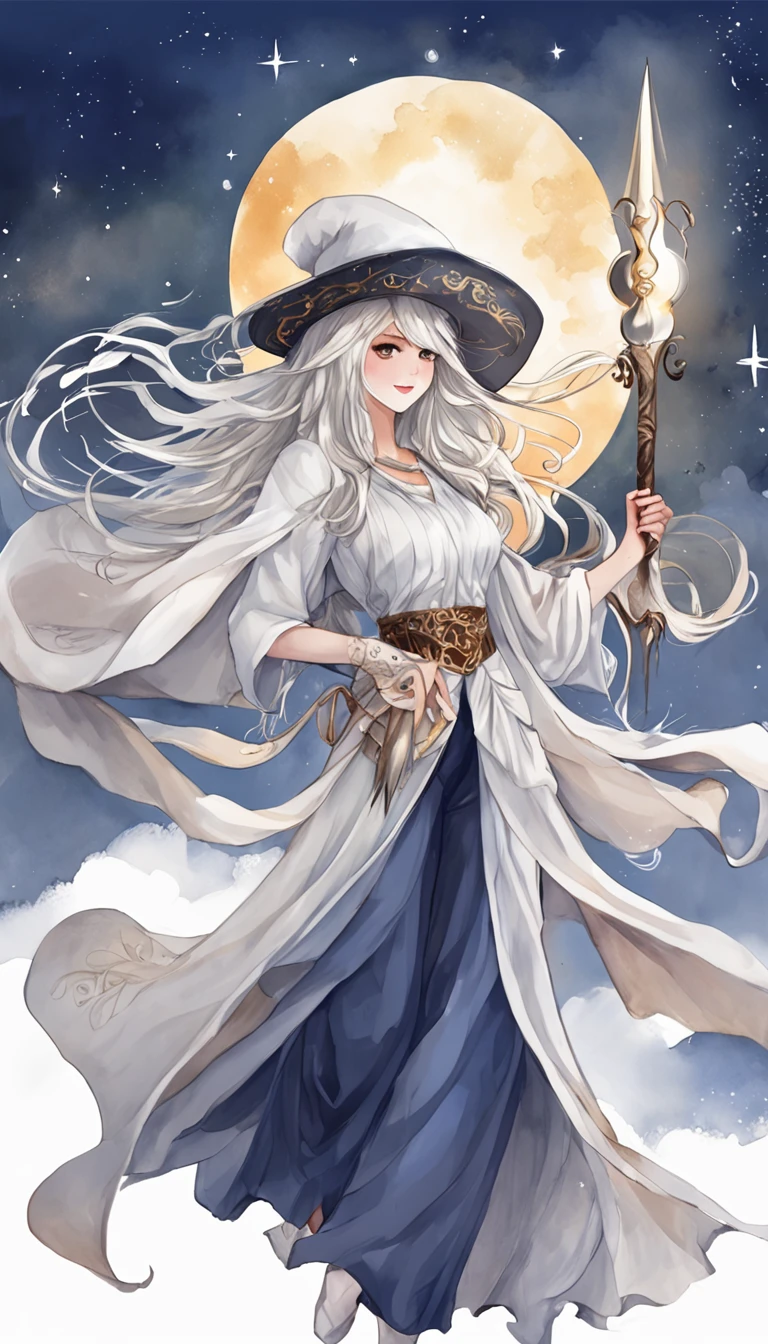 ((from side)), ((full body)), ((realistic)), nigth, dark blue sky, starrysky, salama, Beautiful goddess, Sexy goddess, White magician robe, magical staff, Magician hat, Carrying food with magic, Silver hair, Long messy hair, Long hair that moves with the wind, Detailed scenes, amazing pose, Picturesque, (best qualtiy，tmasterpiece)