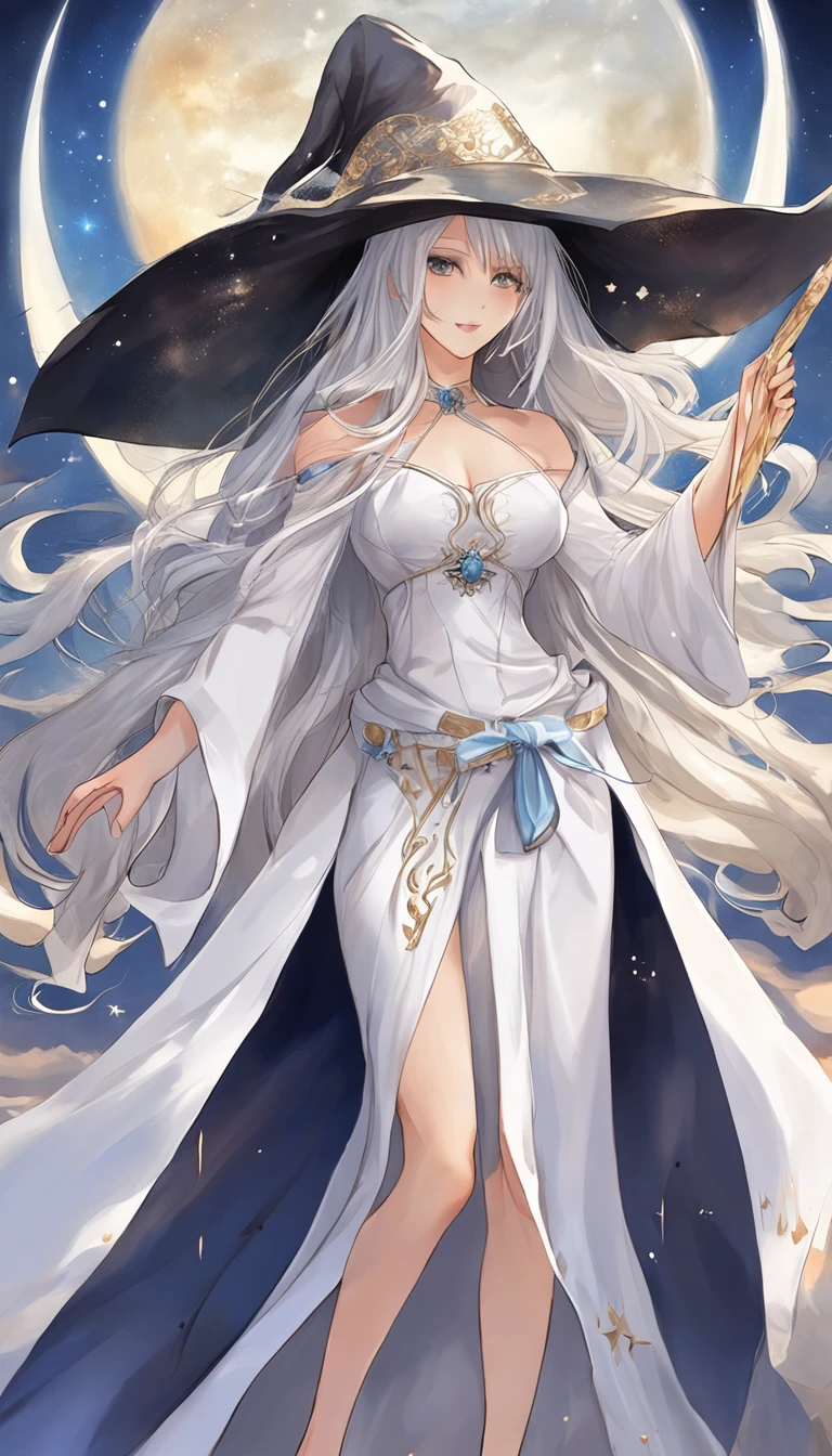((from side)), ((full body)), ((realistic)), nigth, dark blue sky, starrysky, salama, Beautiful goddess, Sexy goddess, White magician robe, magical staff, Magician hat, Carrying food with magic, Silver hair, Long messy hair, Long hair that moves with the wind, Detailed scenes, amazing pose, Picturesque, (best qualtiy,tmasterpiece)