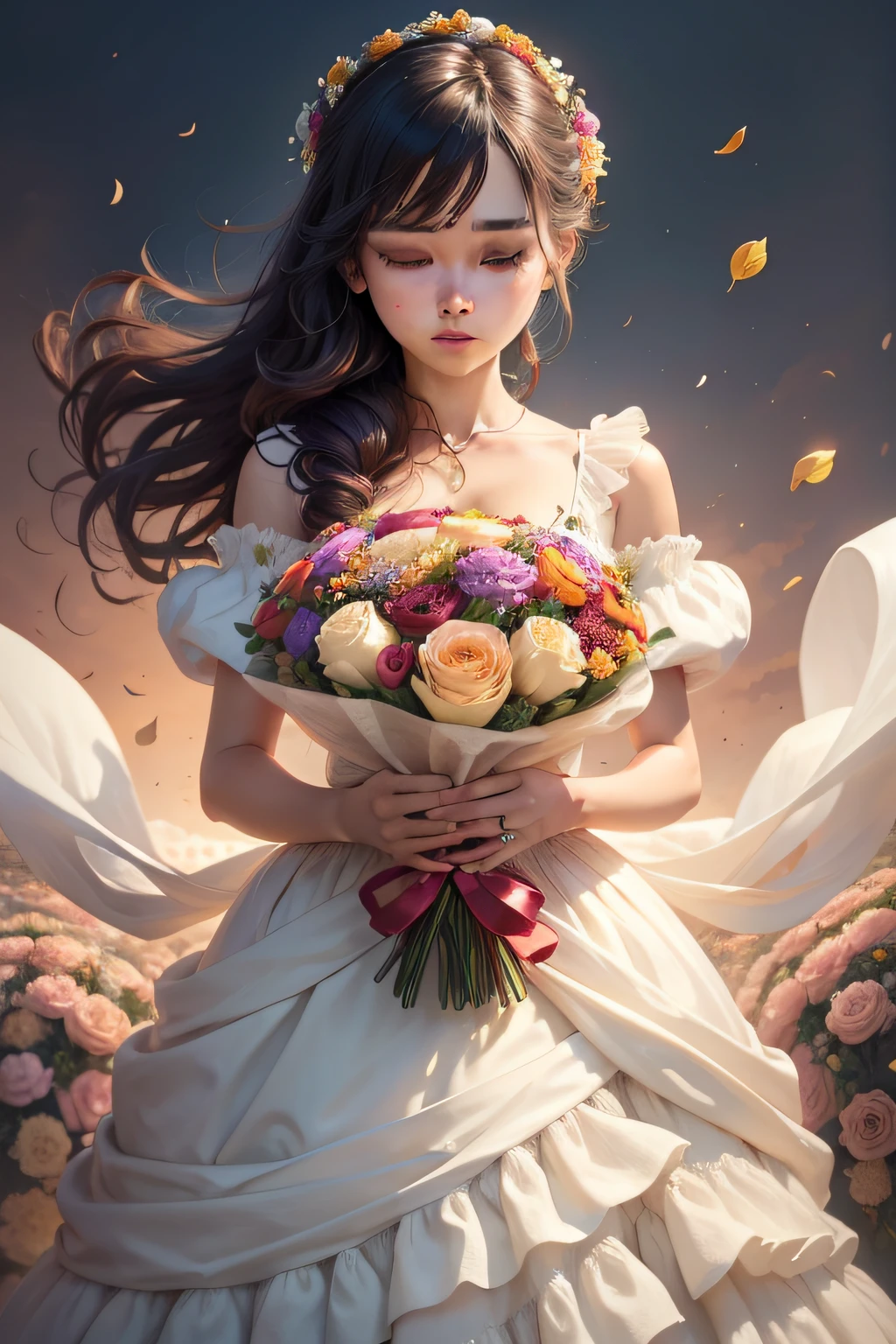 There was a woman holding a bouquet of flowers in her hand, made of flowers and berries, Bouquet, flower bouquet, hands hidden under the bouquet, Colorful bouquets, Holding flowers, exquisite floral details, Floral details, Wrapped in flowers, nebulous bouquets, elegant flowers, beautiful  flowers, floating bouquets, Beautiful flowers, Beautiful details, Decorated with flowers