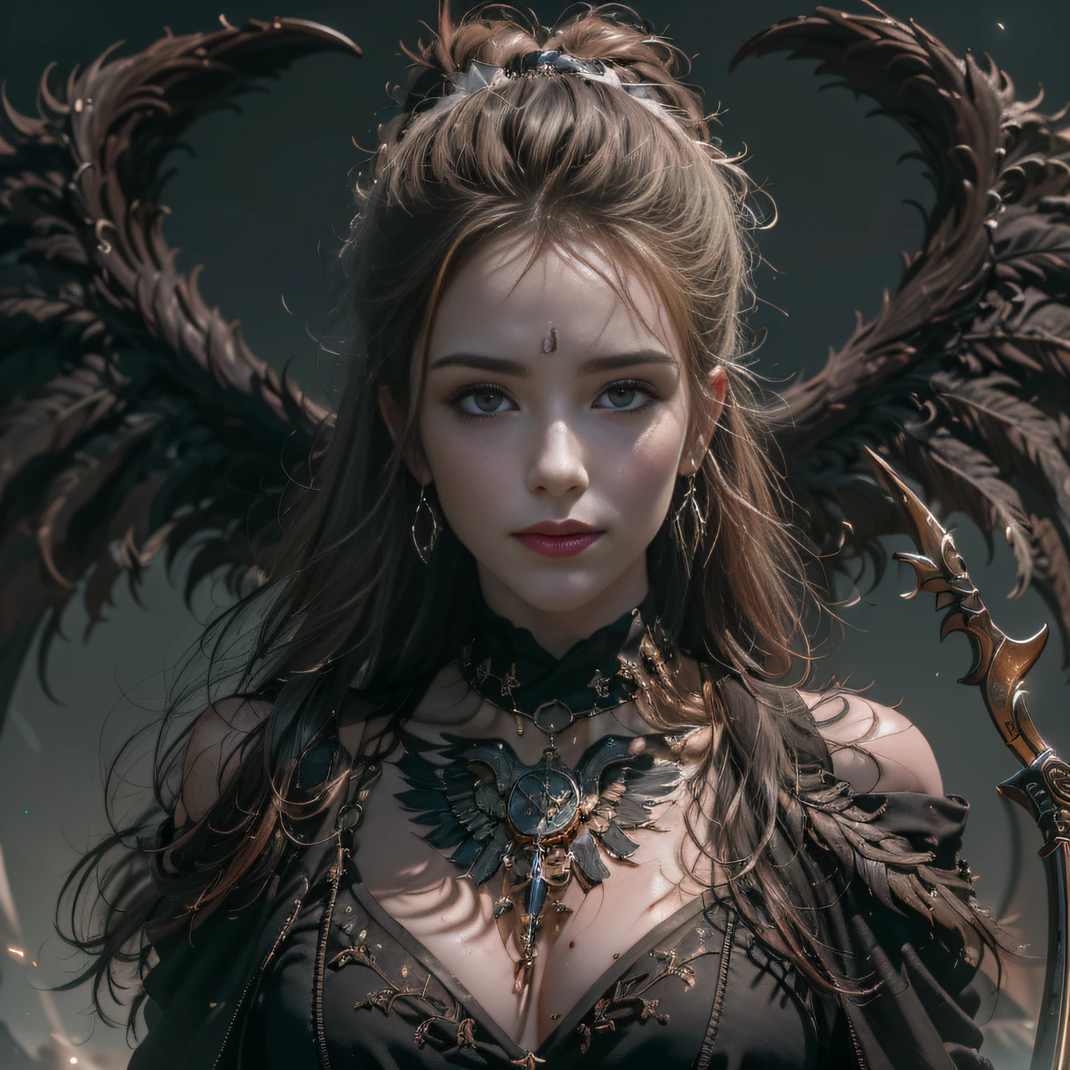 (Numerous award-winning masterpieces of, With incredible details, textures and maximum detail), (Ultra photo realsisim:1.4), (Realistic:1.3), (Whole body image:1.7), (up of the upper body:0.3), (best quality real texture skin), (finely detailed true circle eyes), (Fine and meticulous beautiful face:1.4), (Aesthetic and decadent image:1.5), ((medieval world)), (shinigami:1.4), (icy look in the eye), (She had a nasty smile on her face,But the eyes did not smile:1.3), (It held a soul harvesting scythe in his hand:1.5), (A sack containing the soul of the harvest,Exudes a faint glow:1.5), (Eyes that glow red in the dark), (Dramaticlight), Sacrificial altar, (A majestic sight), (Magic array of ominous light:1.3), Her countenance is gentle and beautiful, but somehow terrifying, (large wings,There are rough black feathers behind the shoulders:1.3), (Whole body image:1.7), (Wearing a dark black hooded robe with intricate patterns:1.2), Folded wings, Skull pattern earrings, (The second is the Skeleton Reaper: 1.3), (((Dramatic photo))), (Twilight), (Sunset), (Dusk), ((dramatic pose)), (flamboyant photo), (Golden hair), (Silver hair), (maroon hair), ((head looking up)), ((Looking down)), (Whole body image:1.7), (Around her neck is a simple necklace of exquisite workmanship), The forgotten graves are overgrown with vegetation, The Great Necropolis, Underground labyrinth, Evil Temple Ruins, Sacrificial temples, mistic, Ancient Castle Site, Ruins of a deserted cemetery, Collapsed tombs, Backwater Ancient Site, Swamp ruins, Shining majestic cloud masses and sky, salama, epic realistic, Faded, art, (greg rutkovsky:0.8), (Teal and orange:0.4), (Art Station:1.5), Cinematic, ((com cores neutras)), (hdr:1.5), (pastel colour:1.2), ultra - detailed, Dramaticlight, (Intricate details:1.1), the complex background,