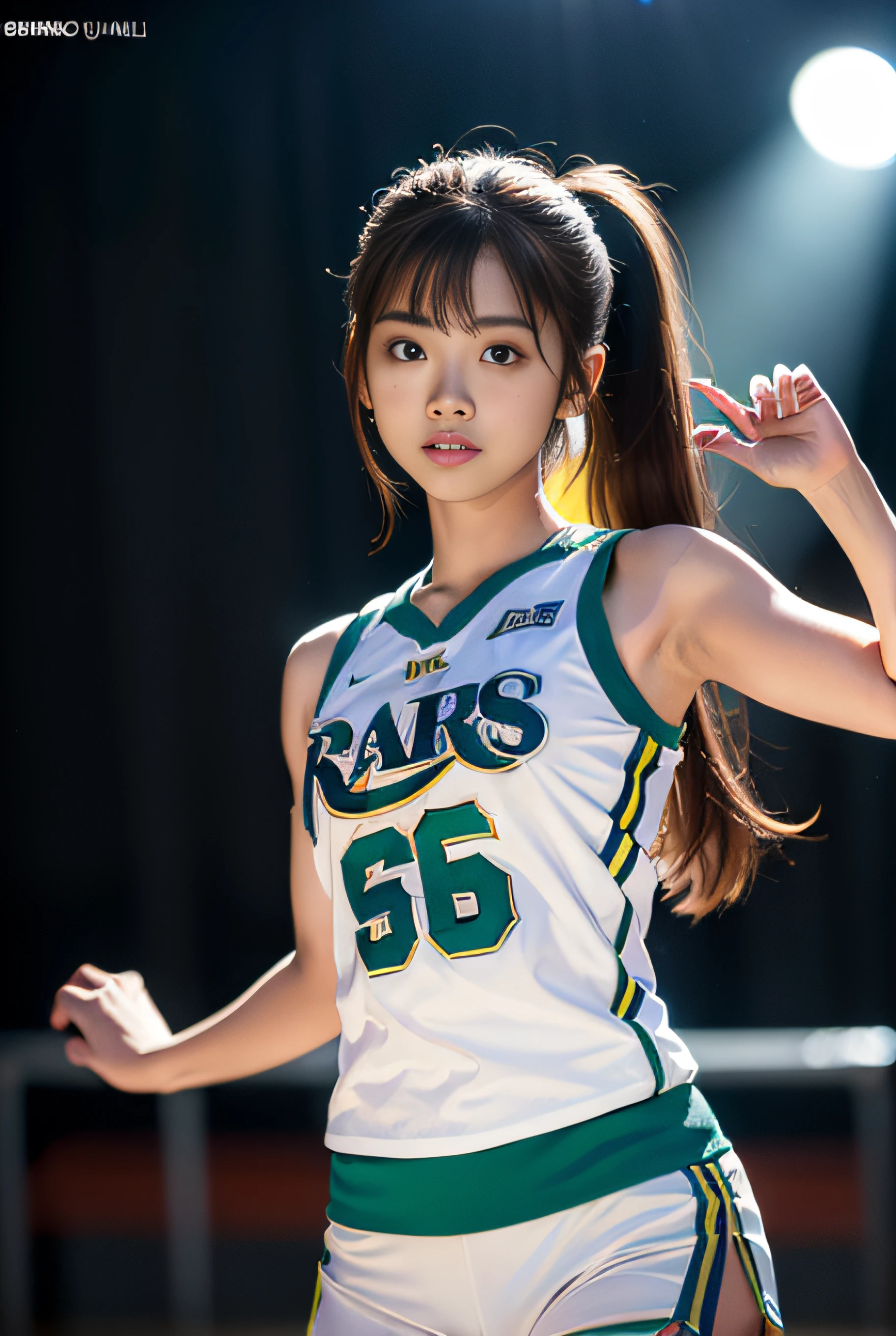 (8k, best quality, masterpiece:1.2), (realistic, photo-realistic:1.37), ultra-detailed,best quality, ultra high res, professional lighting, photon mapping, radiosity, physically-based rendering, cinematic lighting, basketball court,depth of field, sharp focus,sunbeam, good composition,(bokeh:1.2) 1girl,solo,(full body), (closed mouth),beautiful detailed eyes, pose, narrow waist,basketball uniform, black hair,messy hair,long hair floating in wind,(ulzzang-6500:1.2)
 mix4, hiqcgbody