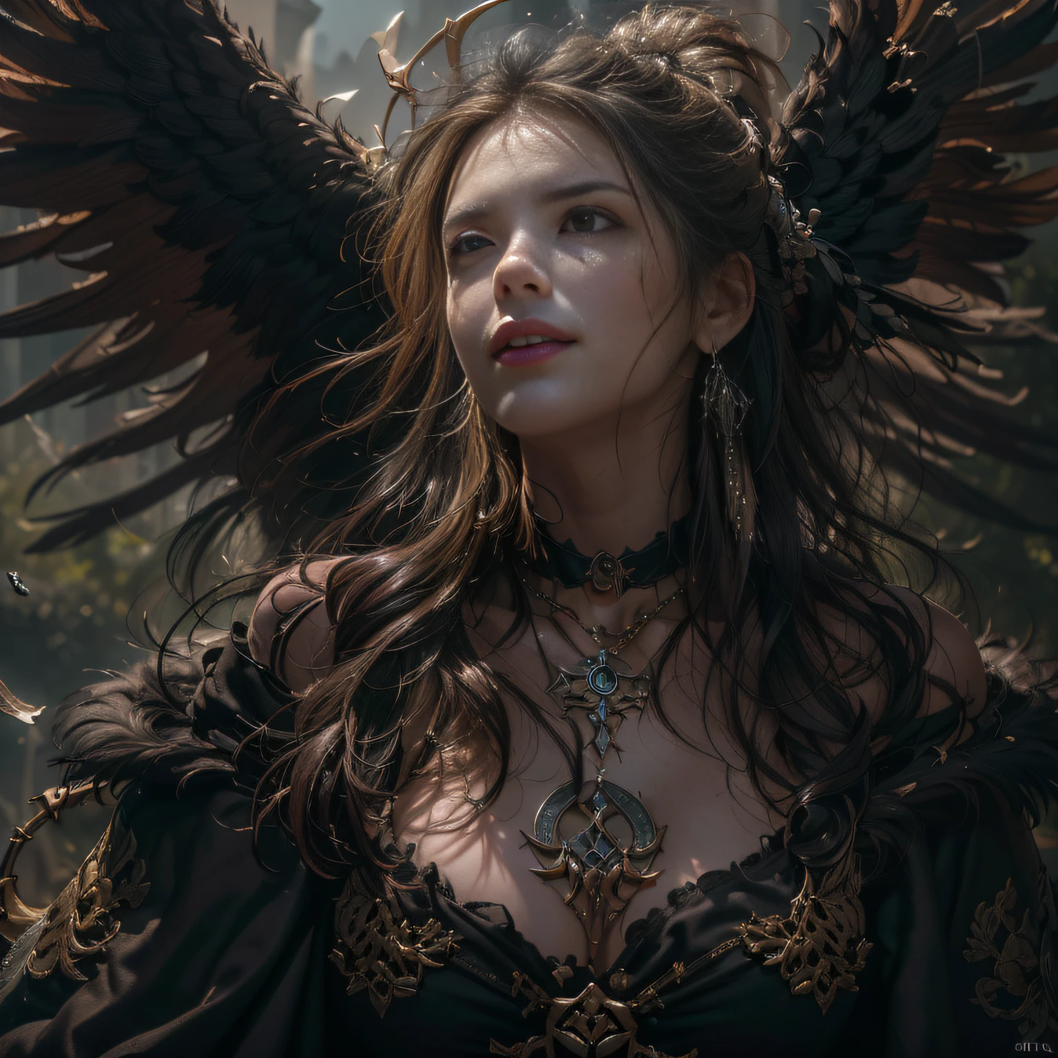 (Numerous award-winning masterpieces of, With incredible details, textures and maximum detail), (Ultra photo realsisim:1.4), (Realistic:1.3), (Whole body image:1.7), (up of the upper body:0.3), (best quality real texture skin), (finely detailed true circle eyes), (Fine and meticulous beautiful face:1.4), (Aesthetic and decadent image:1.5), ((medieval world)), (shinigami:1.4), (icy look in the eye), (She had a nasty smile on her face,But the eyes did not smile:1.3), (It held a soul harvesting scythe in his hand:1.5), (A sack containing the soul of the harvest,Exudes a faint glow:1.5), (Eyes that glow red in the dark), (Dramaticlight), Sacrificial altar, (A majestic sight), (Magic array of ominous light:1.3), Her countenance is gentle and beautiful, but somehow terrifying, (large wings,There are rough black feathers behind the shoulders:1.3), (Whole body image:1.7), (Wearing a dark black hooded robe with intricate patterns:1.2), Folded wings, Skull pattern earrings, (The second is the Skeleton Reaper: 1.3), (((Dramatic photo))), (Twilight), (Sunset), (Dusk), ((dramatic pose)), (flamboyant photo), (Golden hair), (Silver hair), (maroon hair), ((head looking up)), ((Looking down)), (Whole body image:1.7), (Around her neck is a simple necklace of exquisite workmanship), The forgotten graves are overgrown with vegetation, The Great Necropolis, Underground labyrinth, Evil Temple Ruins, Sacrificial temples, mistic, Ancient Castle Site, Ruins of a deserted cemetery, Collapsed tombs, Backwater Ancient Site, Swamp ruins, Shining majestic cloud masses and sky, salama, epic realistic, Faded, art, (greg rutkovsky:0.8), (Teal and orange:0.4), (Art Station:1.5), Cinematic, ((com cores neutras)), (hdr:1.5), (pastel colour:1.2), ultra - detailed, Dramaticlight, (Intricate details:1.1), the complex background,
