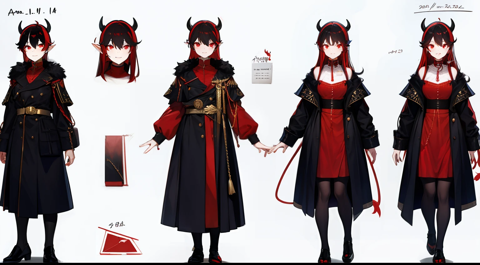 tmasterpiece,Need,1 Female demon,A high resolution,bleeding from the corners of her mouth,hoang lap,Fang,tiny horns,Collar,large chain,Black all over,Oversized military coat,(ultradetailed:1.1025),(illustratio:1.1025),(infography:1.1025),Patent drawings,Physical measurement,(All clothing requirements:1.1025),papelaria, (独奏:1.1025),standing on your feet,Have a cohesive background,5 fingers in the hand,fittings:Red rope chain,character sheets,black in color, blanche, Red tones