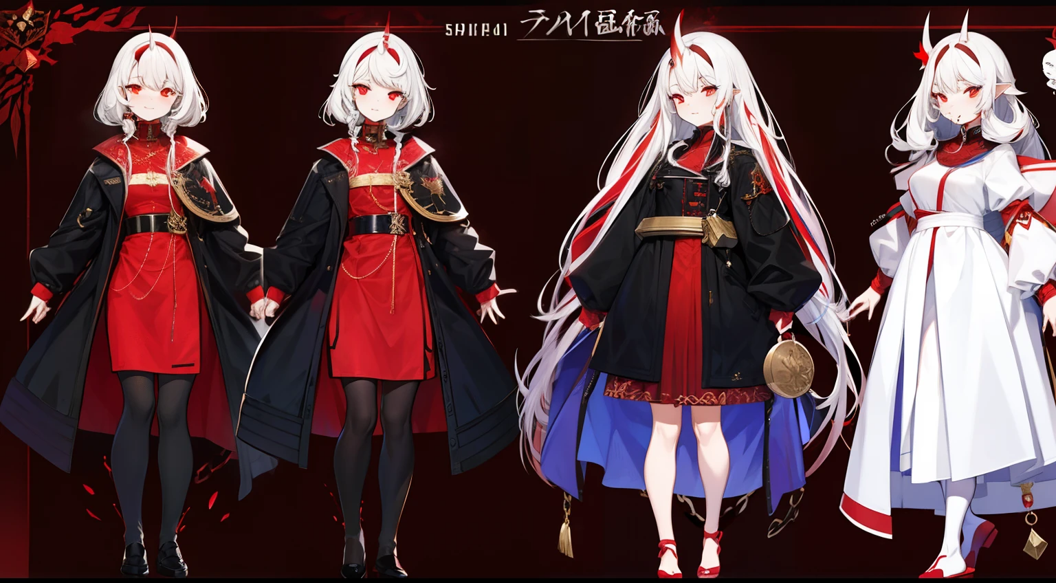 tmasterpiece,Need,1 Female demon,A high resolution,bleeding from the corners of her mouth,hoang lap,Fang,tiny horns,Collar,large chain,Black all over,Oversized military coat,(ultradetailed:1.1025),(illustratio:1.1025),(infography:1.1025),Patent drawings,Physical measurement,(All clothing requirements:1.1025),papelaria, (独奏:1.1025),standing on your feet,Have a cohesive background,5 fingers in the hand,fittings:Red rope chain,character sheets,black in color, blanche, Red tones