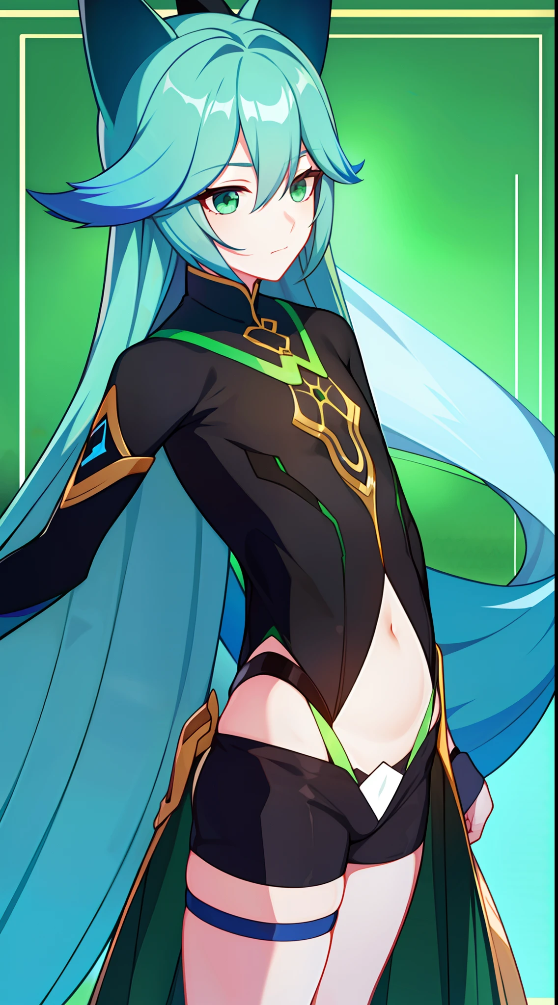 Young boy, long blue hair, fox ears, Green eyes, Black tight clothing, Shorts, open belly, Masterpiece, hiquality