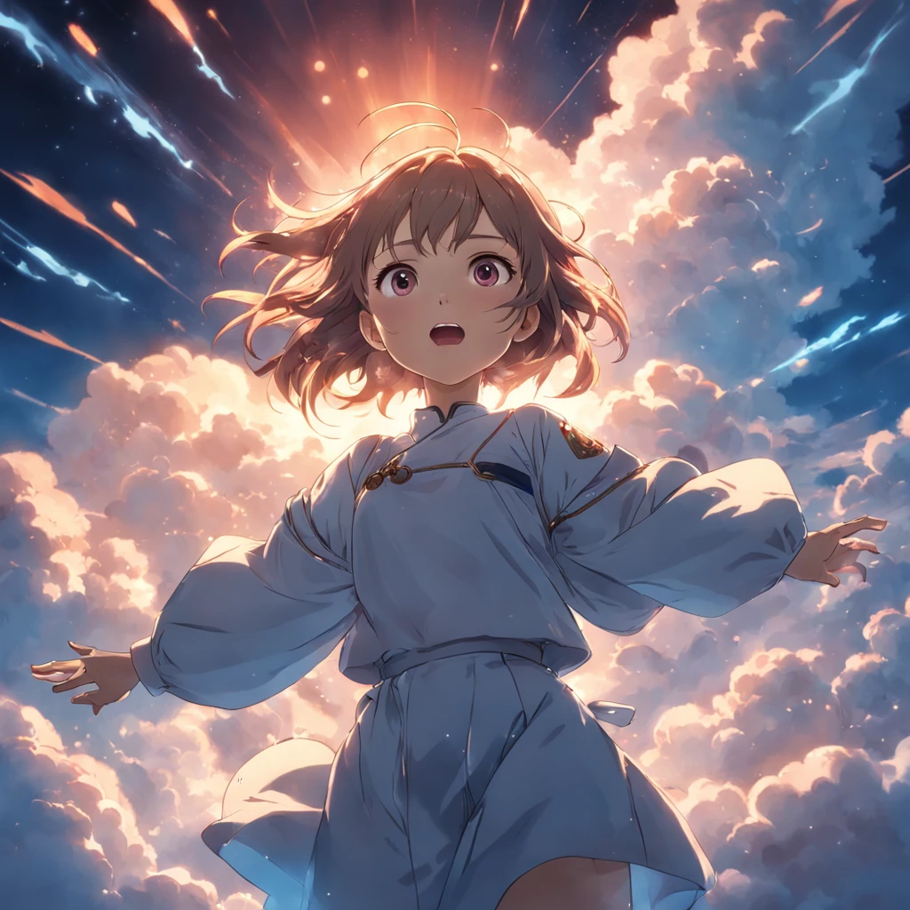 masterpiece, best quality, movie still, 1girl, cloud girl, floating in the sky, close-up, bright, happy, warm soft lighting, sunset, (sparks:0.7)