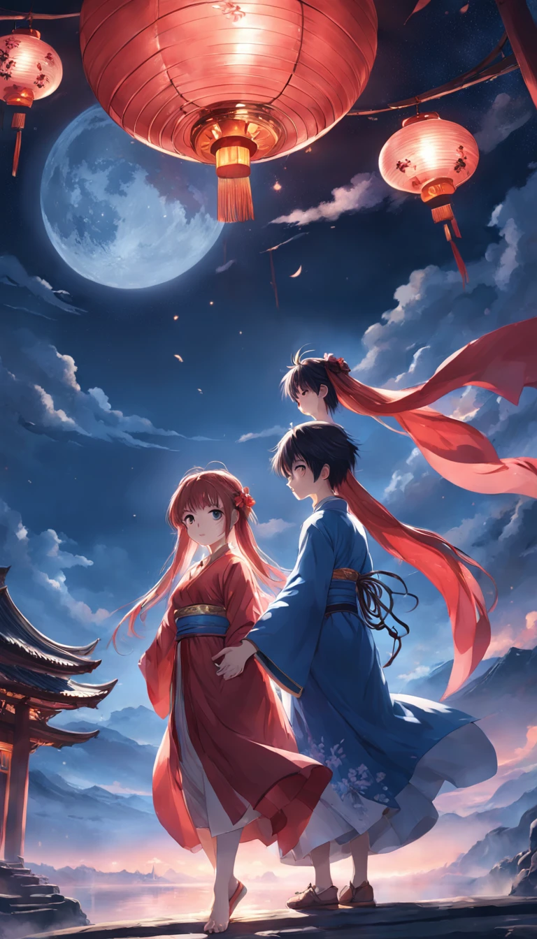(in a panoramic view,magic realism, anime big breast,Masterpiece, hyper HD, Super detail, High details, Best quality, A high resolution, A high resolution, Award-Awarded, Award-Awarded, Anatomically correct, 8K,),(A girl and a boy hold hands on a bridge,Full moon,holding hands in the moonlight,Peaceful night sky in the background,Traditional romance, xianxia fantasy, Chinese fantasy, beautiful moonlight night, Chinese style, moonlit night dreamy atmosphere),(Boy in blue and anime girl in red dress:1.5,Delicate girl,beuaty girl,Chinese Hanfu,inspired by Leng Mei,Romantic atmosphere:1.5,Cinematic lighting,Chinese premium color scheme)