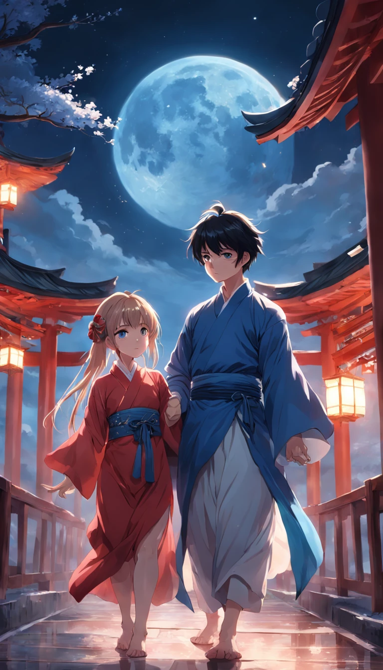 （in a panoramic view，magic realism， anime big breast，Masterpiece, hyper HD, Super detail, High details, Best quality, A high resolution, A high resolution, Award-Awarded, Award-Awarded, Anatomically correct, 8K，），（A girl and a boy hold hands on a bridge，Full moon，holding hands in the moonlight，Peaceful night sky in the background，Traditional romance, xianxia fantasy, Chinese fantasy, beautiful moonlight night, Chinese style, moonlit night dreamy atmosphere），（Boy in blue and anime girl in red dress：1.5，Delicate girl，beuaty girl，Chinese Hanfu，inspired by Leng Mei，Romantic atmosphere：1.5，Cinematic lighting，Chinese premium color scheme）