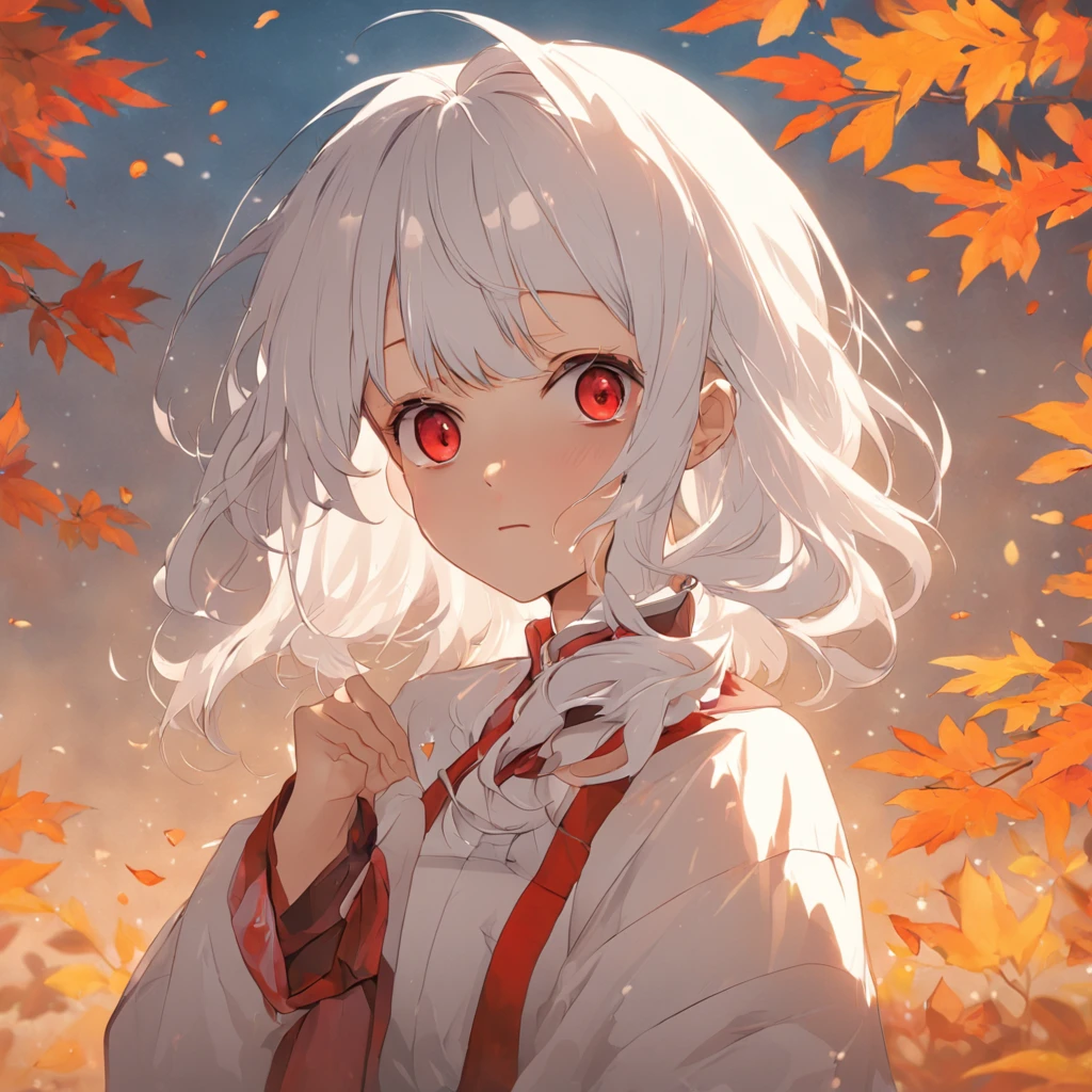 shiny white hair、Neutral face、Red eyes、Rich in color、Beautie、Wearing white clothes、well-styled、小柄、Super beautiful、high-level image quality、4K、8K、Round ears like tanuki are visible、In the wilderness、autumnal、Colored leaves、Full body like、Being under a tree with autumn leaves、The whole body is shown、Beautiful legs、Wearing zori shoes