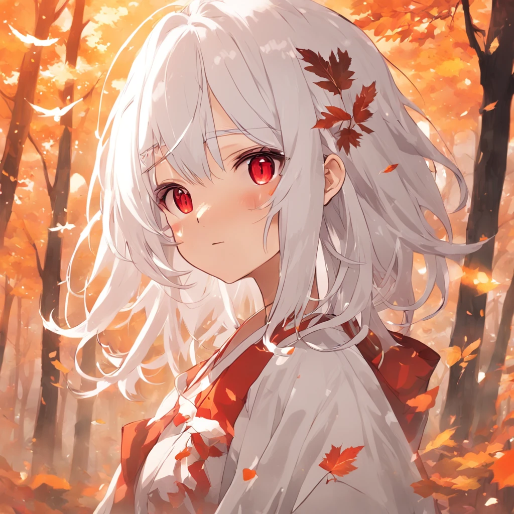 shiny white hair、Neutral face、Red eyes、Rich in color、Beautie、Wearing white clothes、well-styled、小柄、Super beautiful、high-level image quality、4K、8K、Round ears like tanuki are visible、In the wilderness、autumnal、Colored leaves、Full body like、Being under a tree with autumn leaves、The whole body is shown、Beautiful legs、Wearing zori shoes