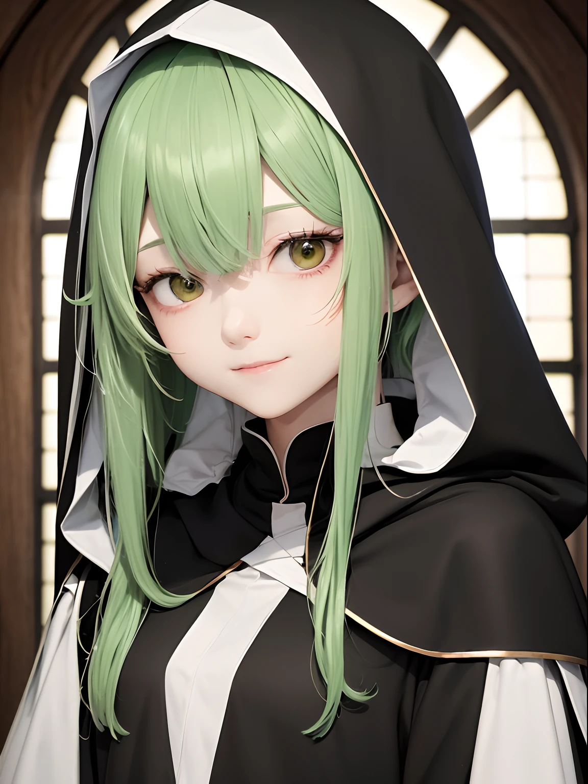 top-quality、​masterpiece、Green hair、Hooded、Black monastic vestments、front facing、The upper part of the body、Hair strands、light skinned、A slight smil、１a person、