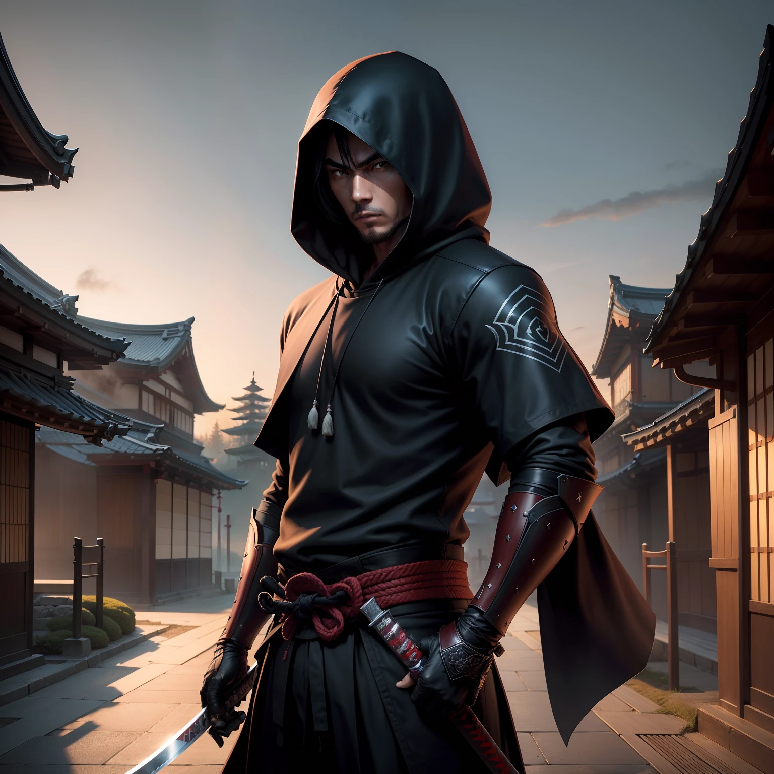 "A mysterious assassin donning a sleek hood silently wields a gleaming katana amidst the enchanting backdrop of traditional Japanese scenery."