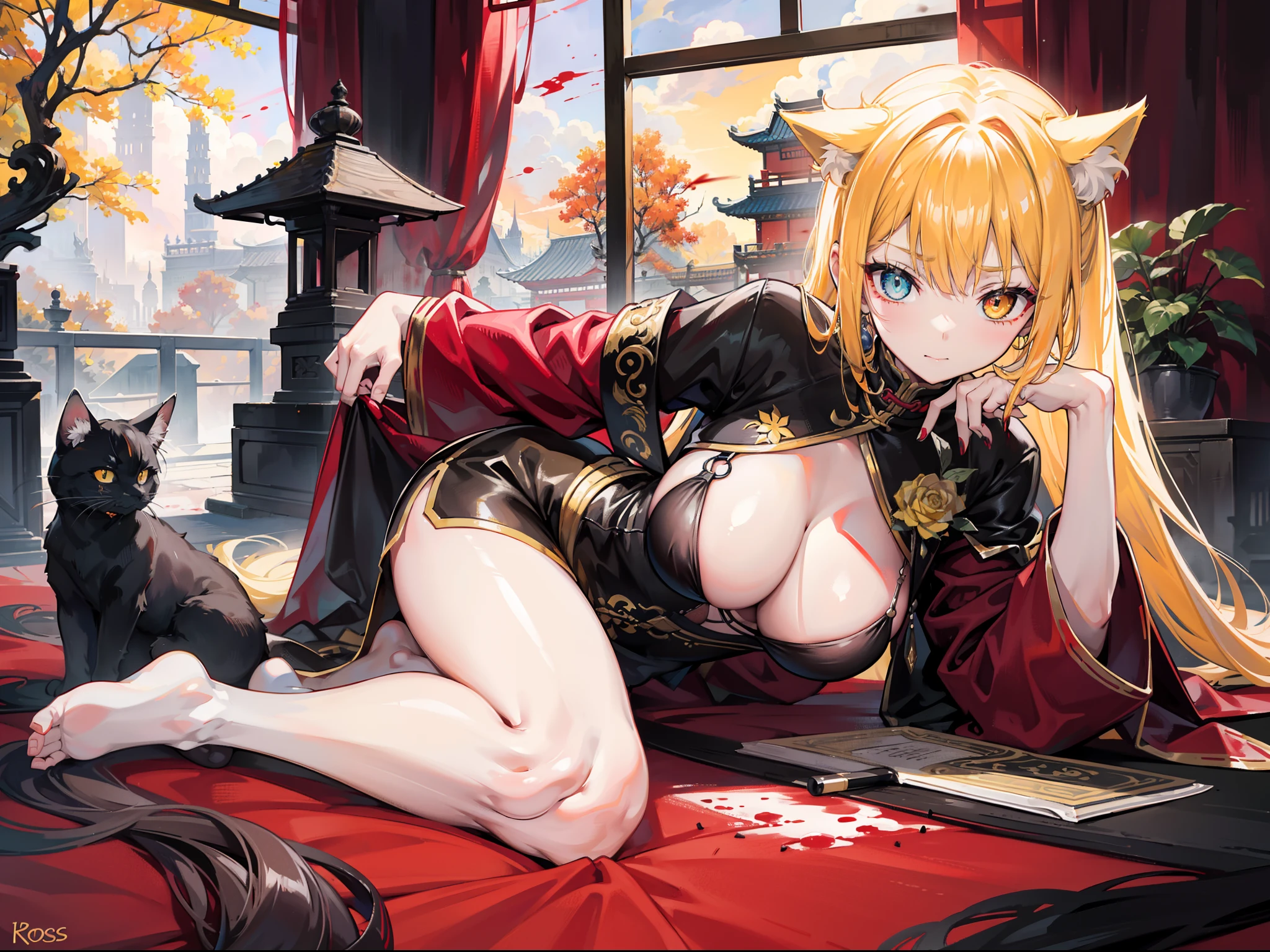 Beautiful girl with orange-yellow hair color，curlies，short detailed hair，High ponytail，cat ear，Beast Girl，He was dressed in bloodstained clothes, Ancient yellow and black long-sleeved training clothes，A knife hidden in clothes，open waist，Wear yellow and black shorts，White stockings stained with blood，without wearing shoes，assassins，Sunny smile，Tall and tall，at dusk at golden hour，Lying on its side in an ancient Chinese courtyard covered in blood，Wine on the side，Bodies are everywhere，dark stormy clouds，China-style，huge tit，抖S，Full body photo，Extremely thin，extremely hyper，assassins，The legs are very thin，Best quality at best，High- sharpness，tmasterpiece，Holding a blood-stained short knife，His body was covered in blood，Sick，Heterochromic pupils，morbid，murderer，extremely hyper，Heterochromic pupils，being thin，Be covered in blood，Bodies are strewn across the field，blood vess，Cat demon，Extremely long and very large cat tail，Leprechaun，Cat woman，seductiv，Raised sexy，The complexion is flushed，Tilting head movements